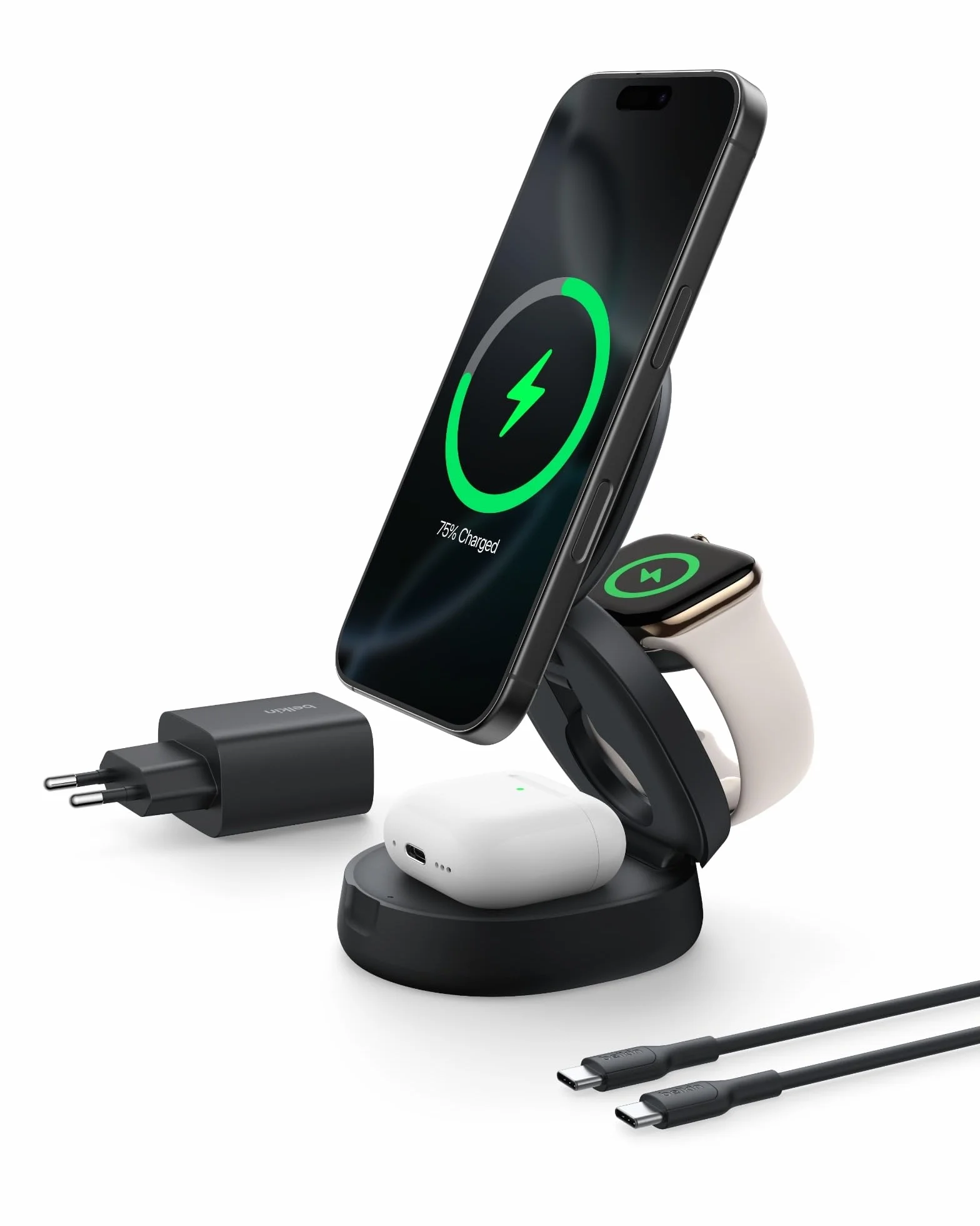 Belkin ładowarka bezprzewodowa 3 w 1 MagSafe 15W Qi2 do iPhone 16 Apple Watch AirPods czarna