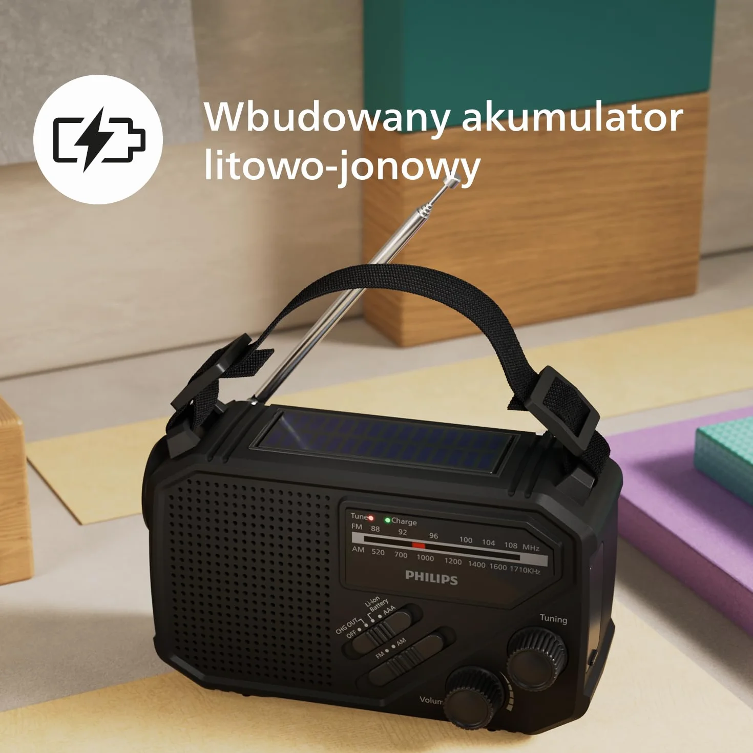 Philips TAR1659 Przenośne radio FM/AM z akumulatorem, korbą, lampą LED i latarką