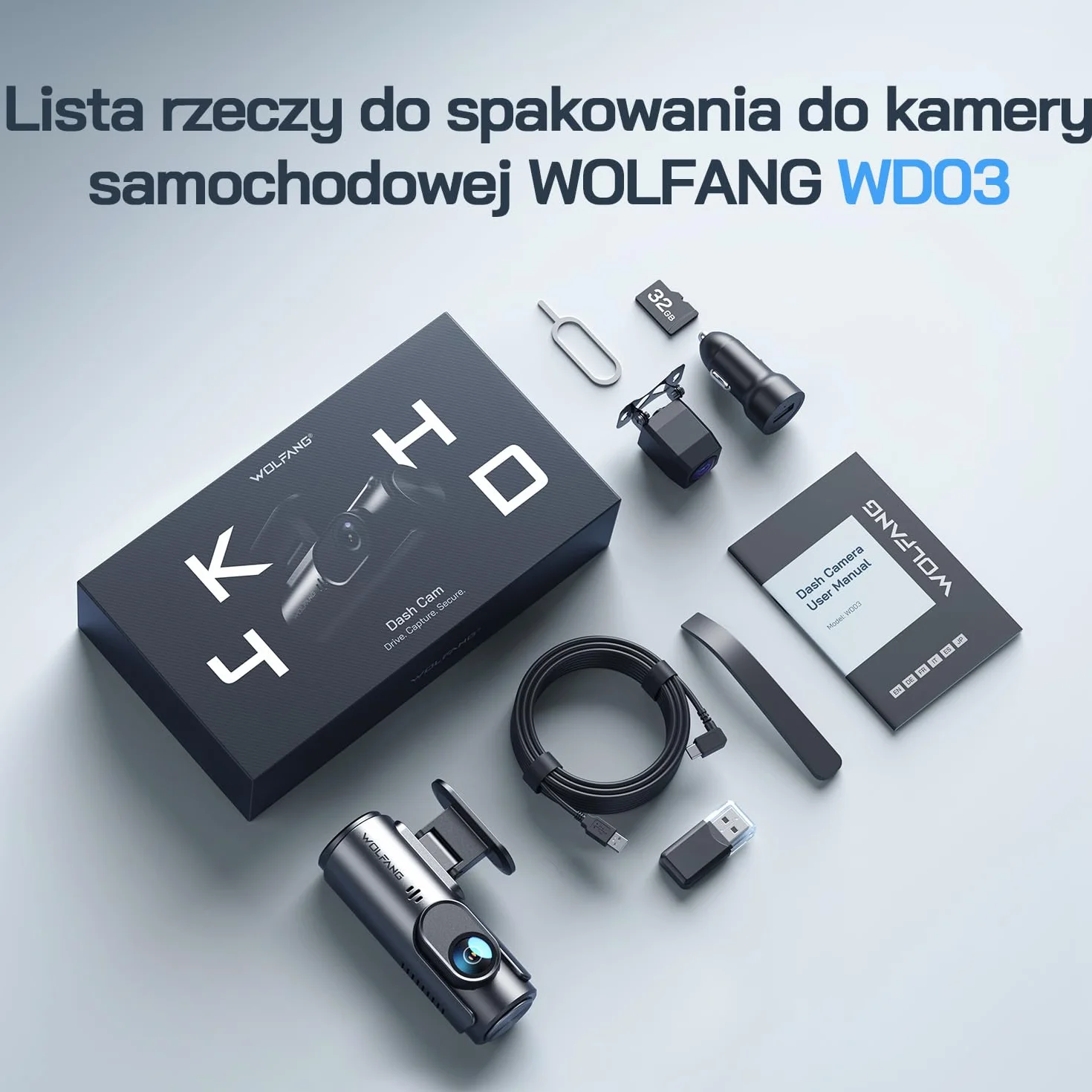 Kamera samochodowa WOLFANG 4K przednia i tylna kamera samochodowa Wi-Fi z kartą SD 32 GB, podwójna kamera samochodowa z noktowizorem, nagrywanie w pętli, czujnik G, szeroki kąt 170, osłona parkowania