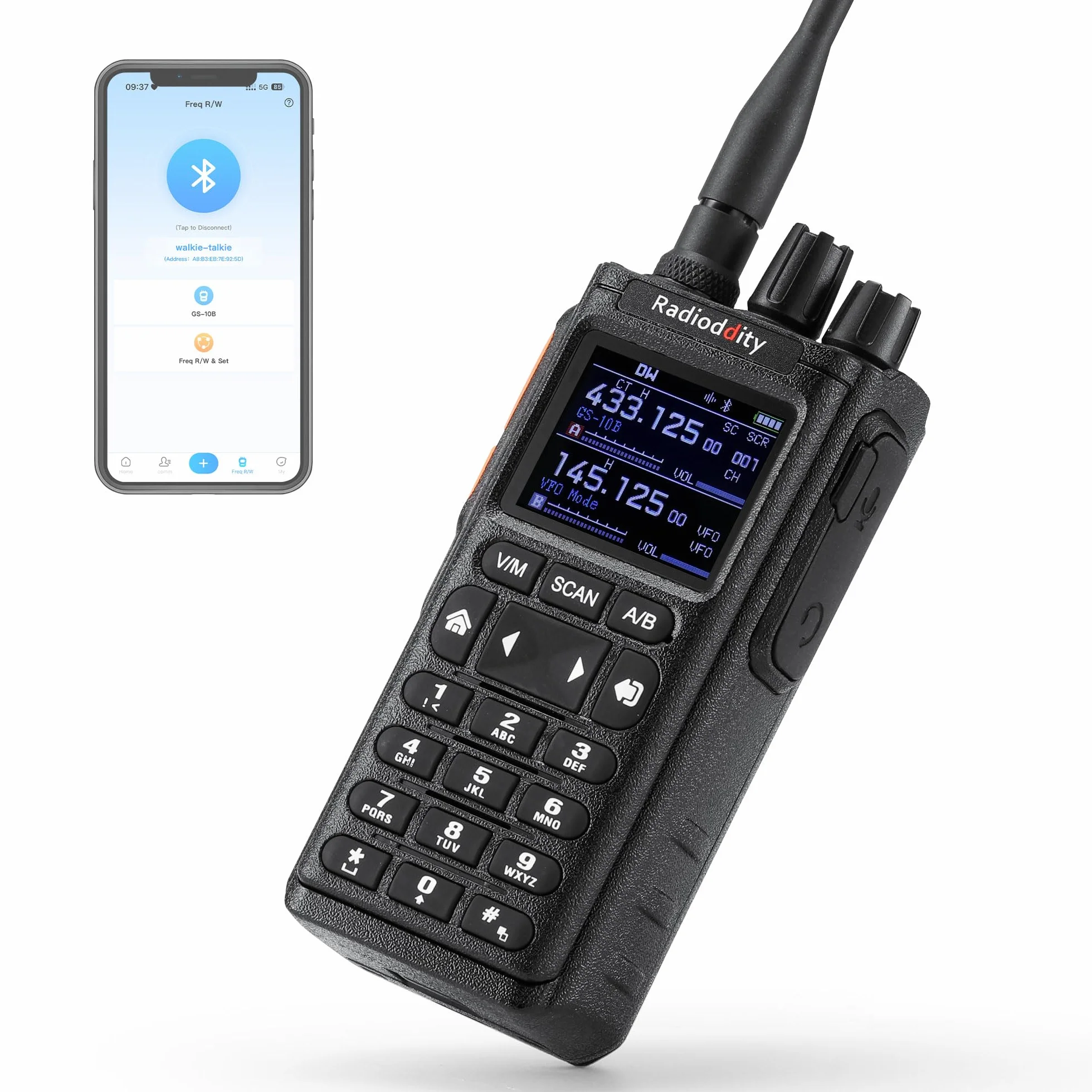 Radioddity GS-10B 10W Radio Ham, Dwukierunkowe na Duży Zasięg z APP Programowalne, UHF/VHF/FM Lotniczy, Dual PTT, Bateria 2500mAh & USB-C, Redukcja Szumów & Synchroniz. Kanałów