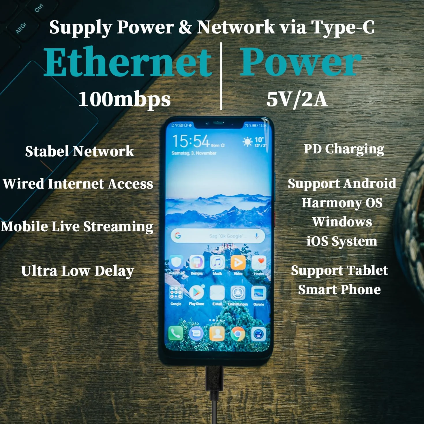 REVOTECH Konwerter adaptera PoE na Type-C, konwertuj POE na wyjście 5V/2A USB C z Ethernetem, IEEE802.3af z 10/100Mbps, przewodowe szerokopasmowe i ładowanie PD do smartfona/tabletu, Plug and Play