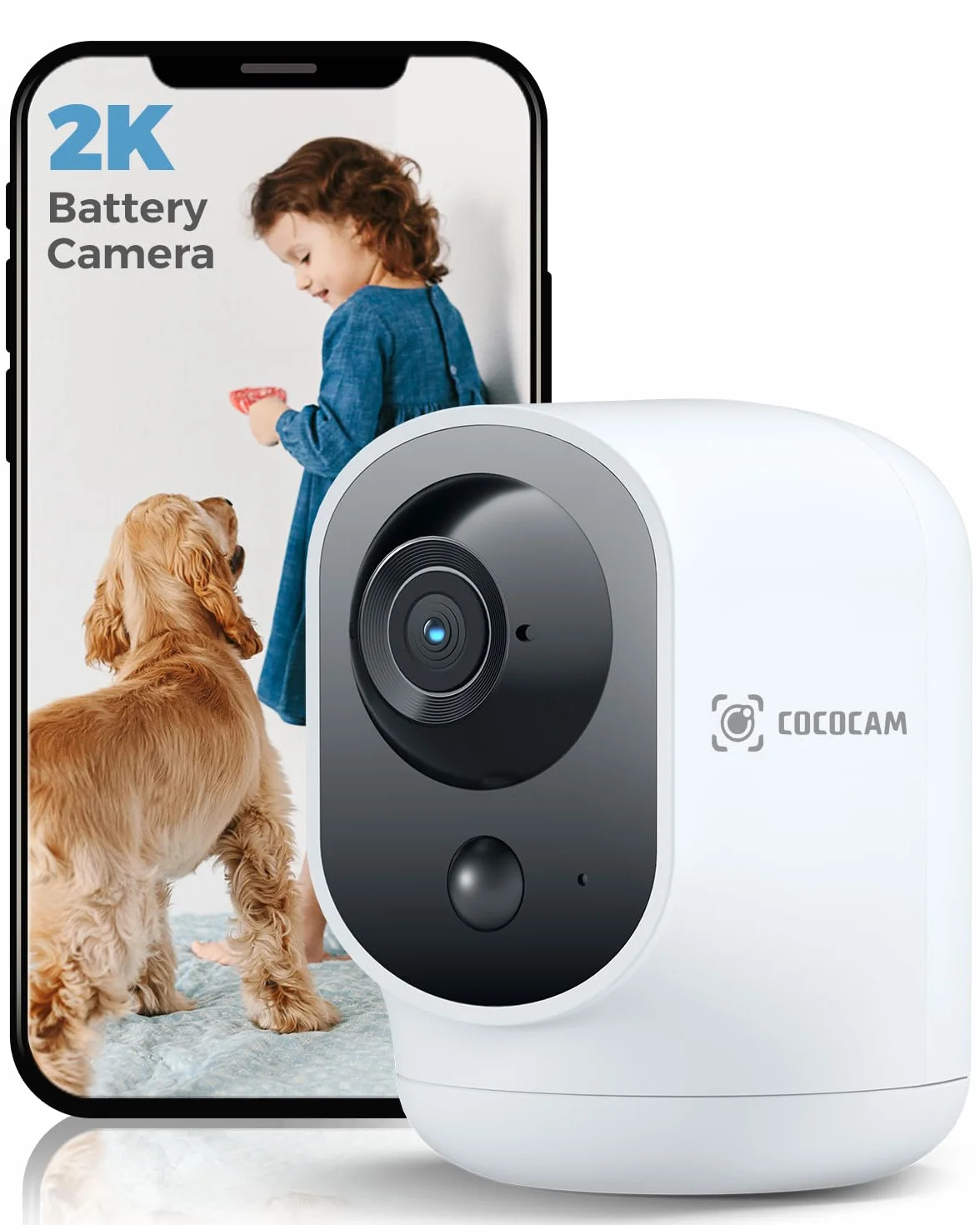 COCOCAM 2K Indoor Pan/Tilt Kamera bezpieczeństwa, z baterią 5200 mAh, w 100% bezprzewodowa do monitorowania dziecka/kamery dla zwierząt/zabezpieczeń domowych (1, Biały)
