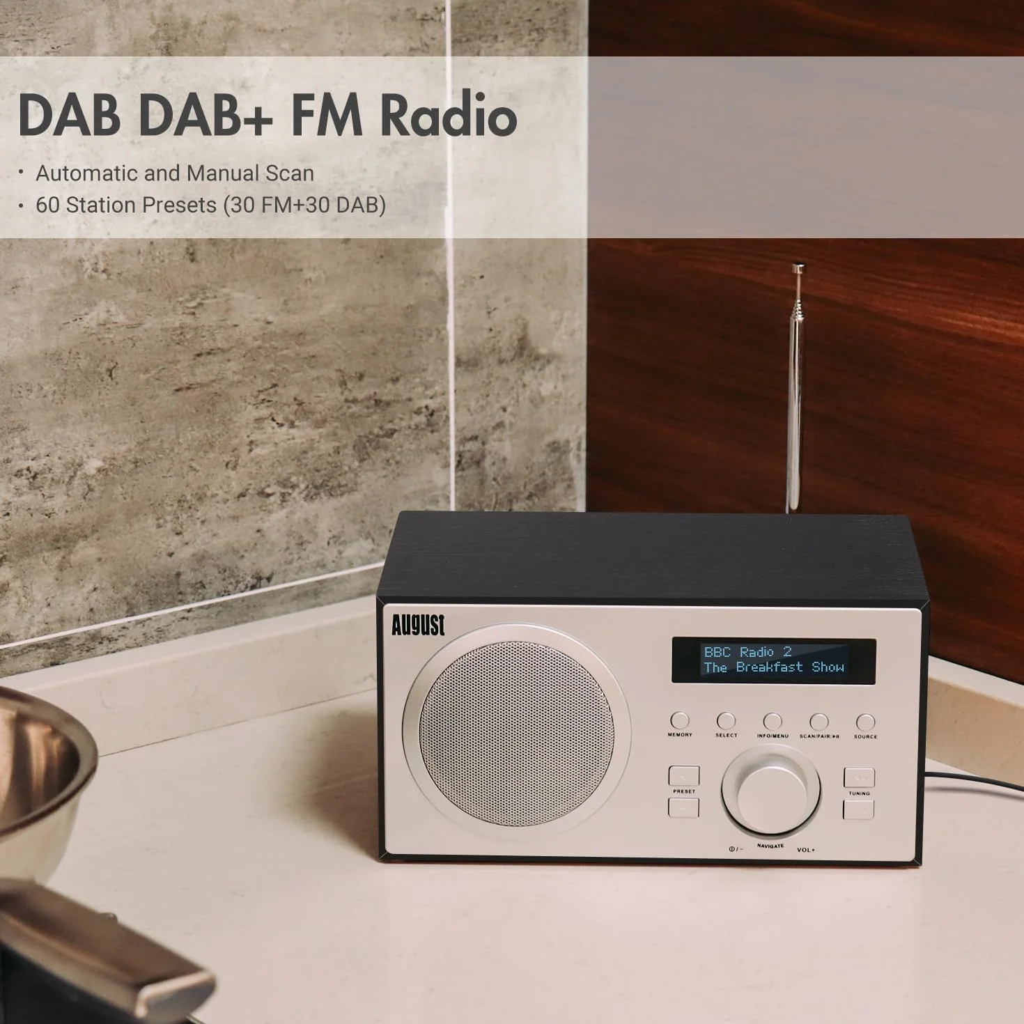 August MB420 Radio DAB+/FM z Bluetooth cyfrowe radio kuchenne z drewnianą obudową z funkcją RDS, 60 ustawień Hifi Bluetooth 5 W – budzik radiowy z funkcją drzemki – USB/Aux-In/Aux-Out