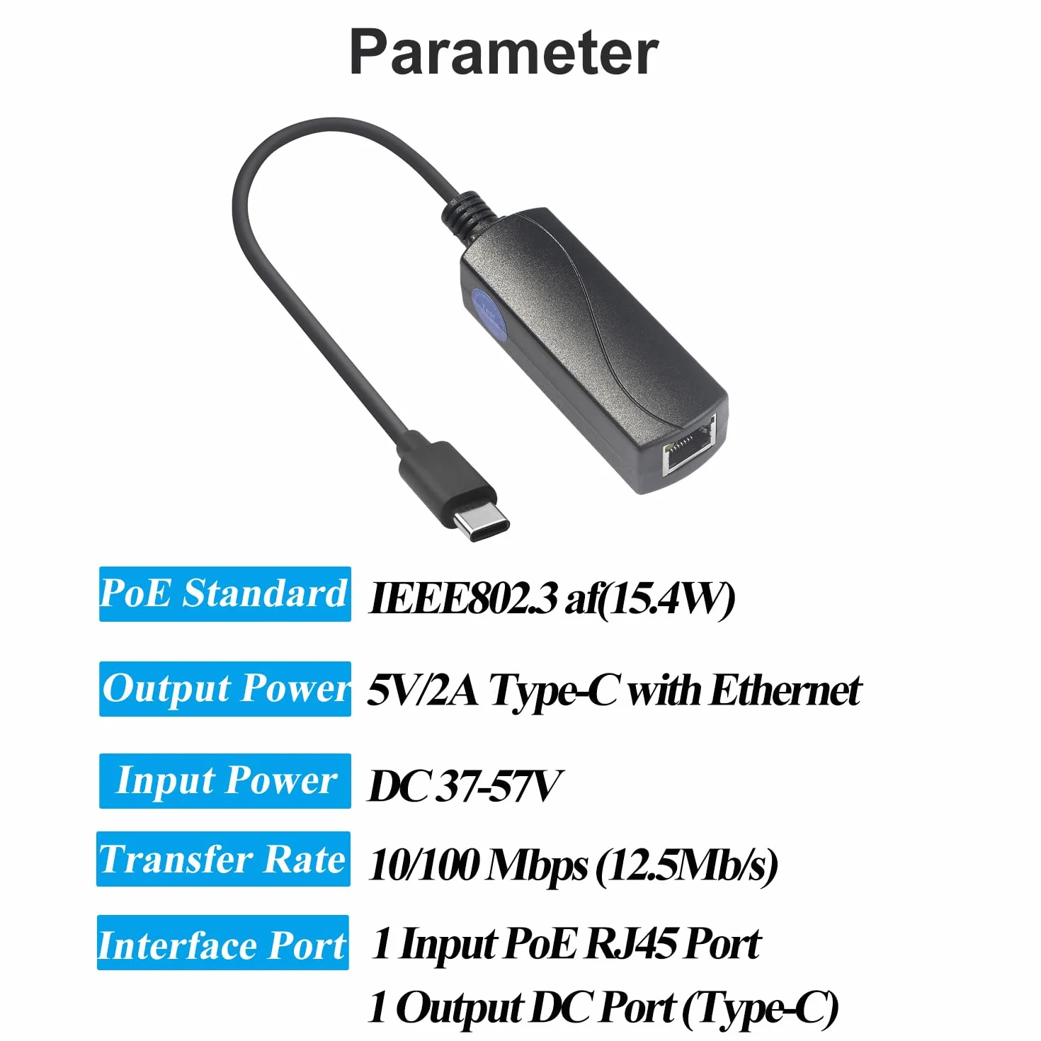 REVOTECH Konwerter adaptera PoE na Type-C, konwertuj POE na wyjście 5V/2A USB C z Ethernetem, IEEE802.3af z 10/100Mbps, przewodowe szerokopasmowe i ładowanie PD do smartfona/tabletu, Plug and Play