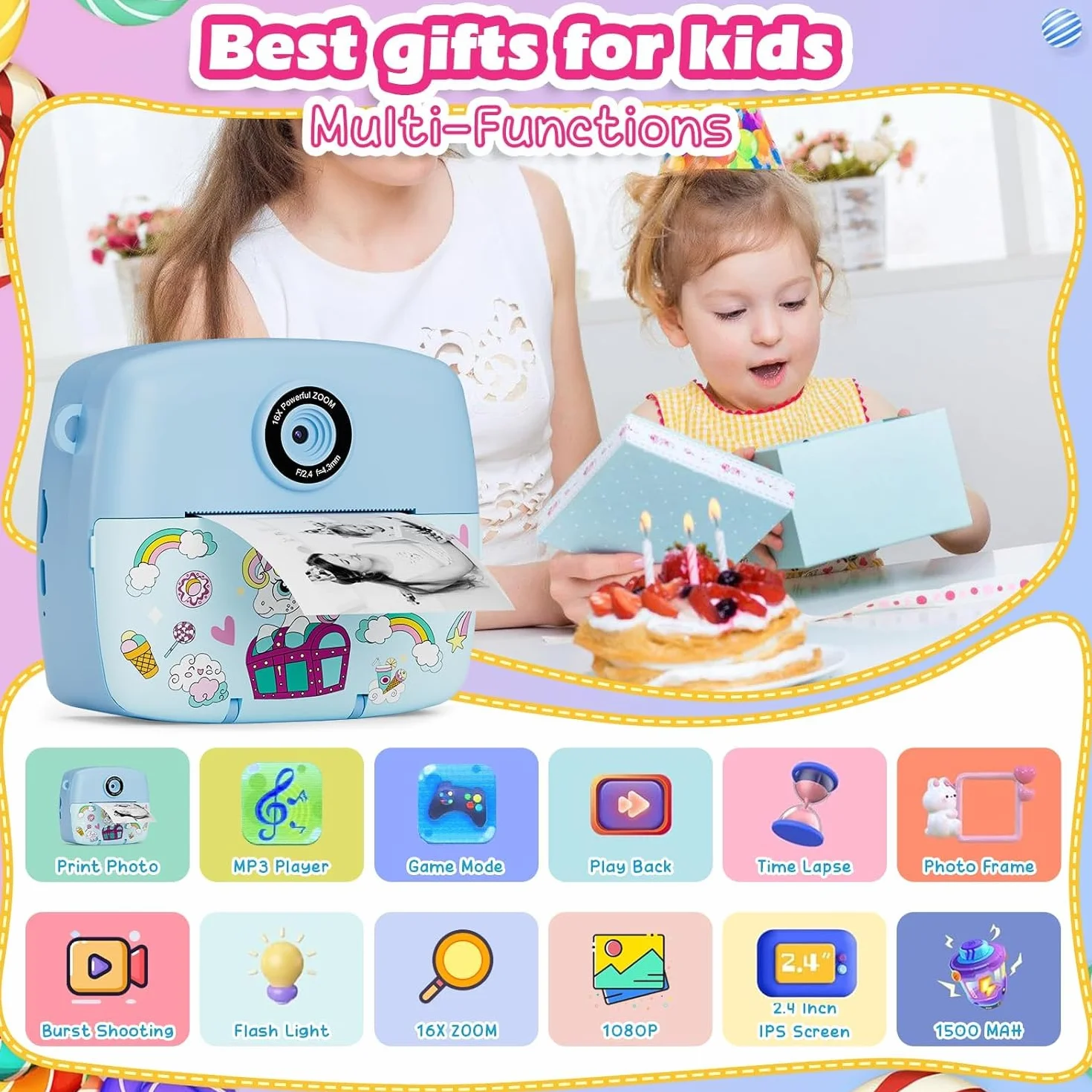 Aparat do natychmiastowego zdjęcia dla dzieci, 1080p HD, natychmiastowe drukowanie zdjęć, prezent urodzinowy, prezent na Boże Narodzenie, zabawka od 3, 4, 5, 6, 8, 7, 9, 10, 11 lat, dla dziewcząt,