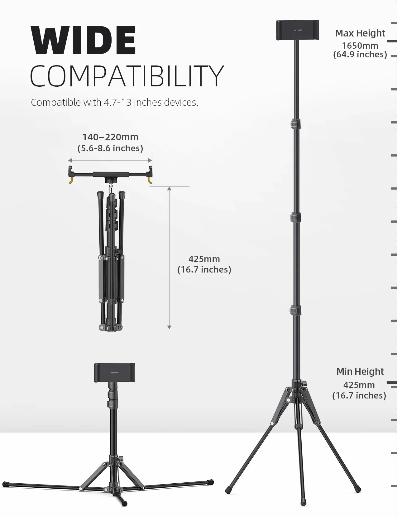Lamicall Statyw do iPada Stojak Podłogowy Regulowany Wysokość 65" Uchwyt na Tablet iPad Pro 12,9/11 Air Mini iPhone 4,7-13"