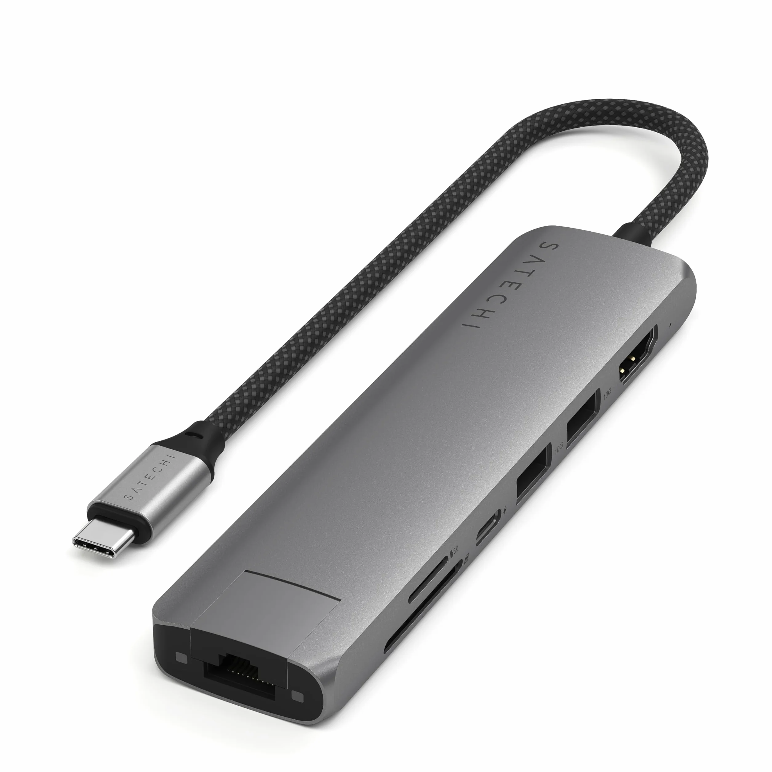 SATECHI 7-w-1 Slim Plus koncentrator USB-C, adapter wieloportowy z Ethernetem, ładowaniem PD 100 W, HDMI 4K@60Hz, 2x USB-A 10 Gb/s i SD/MicroSD do MacBooka Air/Pro/Neo, laptopa i innych – szary