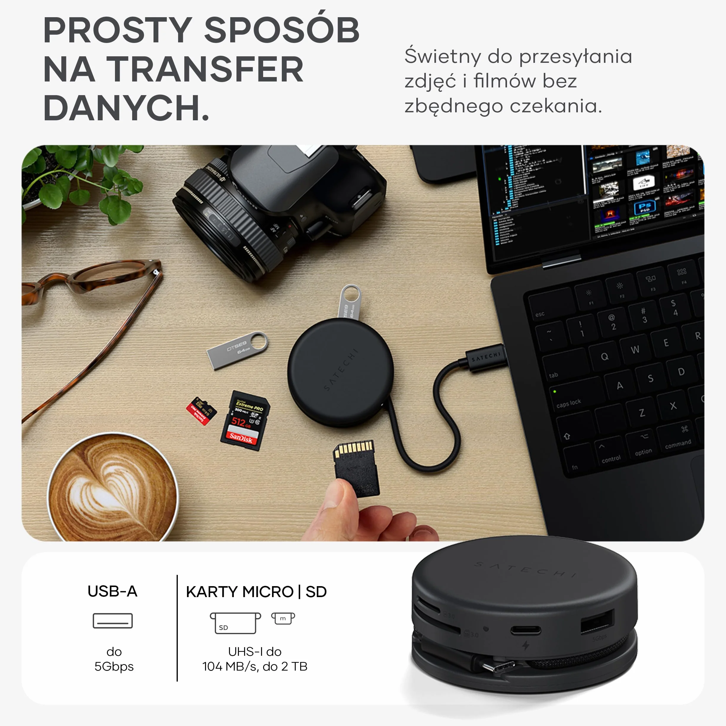 SATECHI OntheGo Hub USB-C 7 w 1, Kompaktowy Magnetyczny Adapter Wieloportowy 100W PD, HDMI 4K/60Hz, Gigabit Ethernet, 2×USB-A, Czytnik SD/microSD, Czarny Kosmiczny