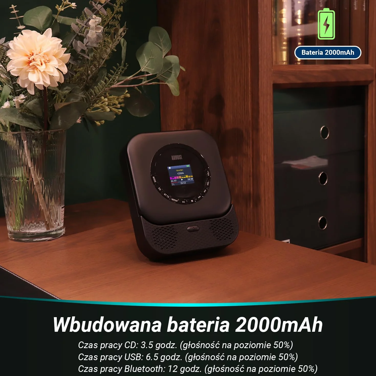 August SE15 Przenośny odtwarzacz CD z Bluetooth 5.3,portem USB,AUX 3.5 mm-odtwarzacz CD wbudowaną baterią,korektorem dźwięku,ochroną przed wstrząsam-w zestawie uchwyt ścienny,słuchawki i pilot