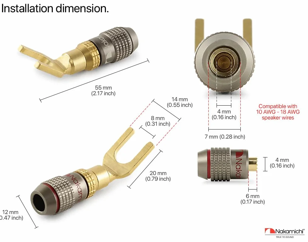 Nakamichi FanLock Wtyk Złącza widełkowe platerowany 24-karatowym złotem 10 AWG - 18 AWG Rozmiar miernika 4mm dla głośników Wzmacniacz Hi-Fi Kino domowe Kabel audio Szybkozłącze, 8 Sztuki (4-Pary)