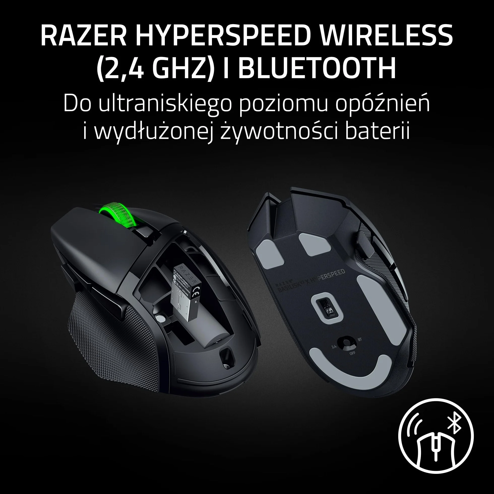 Razer Basilisk V3 X HyperSpeed Bezprzewodowa Mysz Do Gier, Ergonomiczny Kształt, 9 Konfigurowalnych Elementów Sterujących, Czujnik Optyczny 5G 18K, Czarny