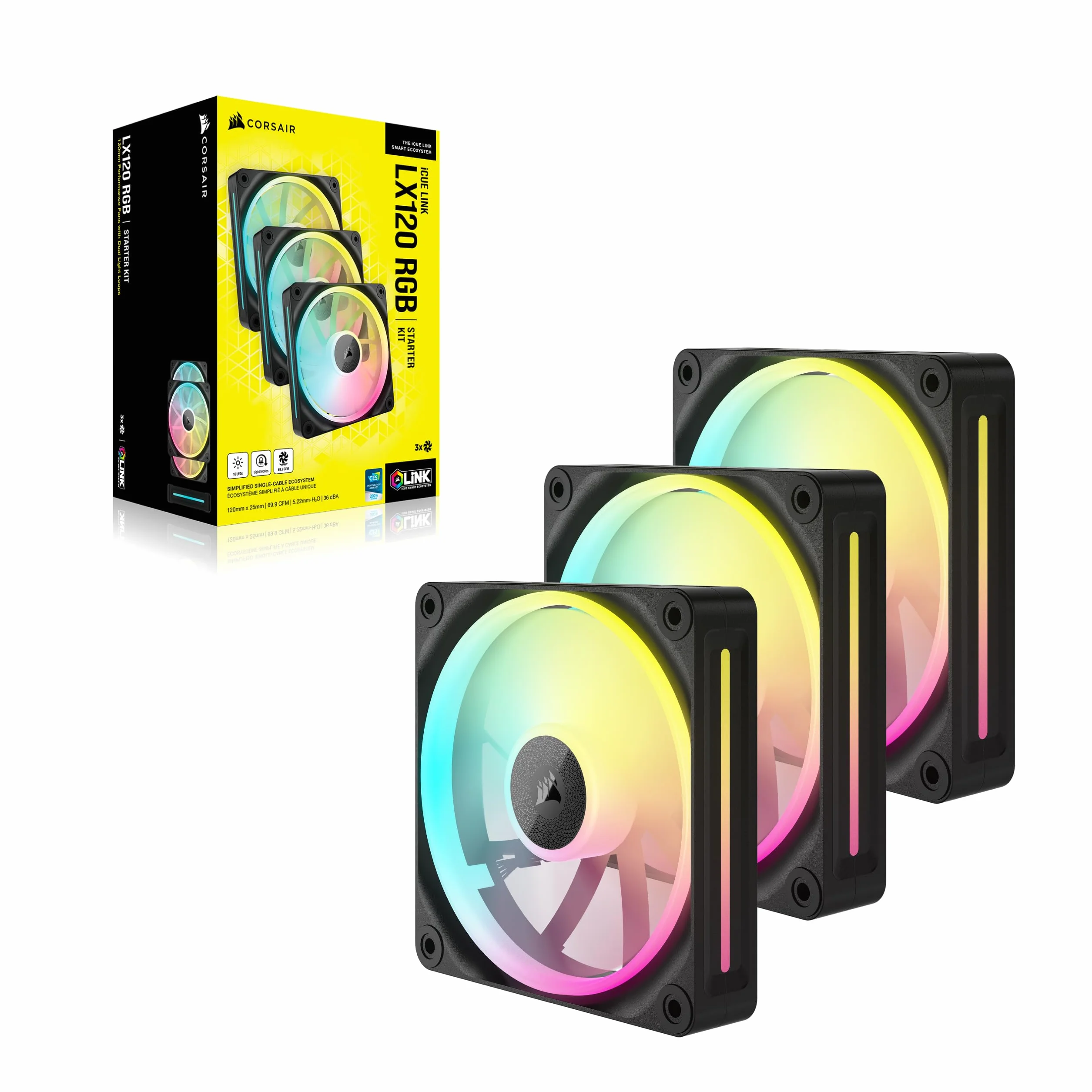 CORSAIR iCUE LINK LX120 RGB 120 mm PWM Wentylatory Pakiet Potrójny – Podwójne Pętle Świetlne – Zawiera iCUE LINK System Hub – Technologia CORSAIR AirGuide – Czarny