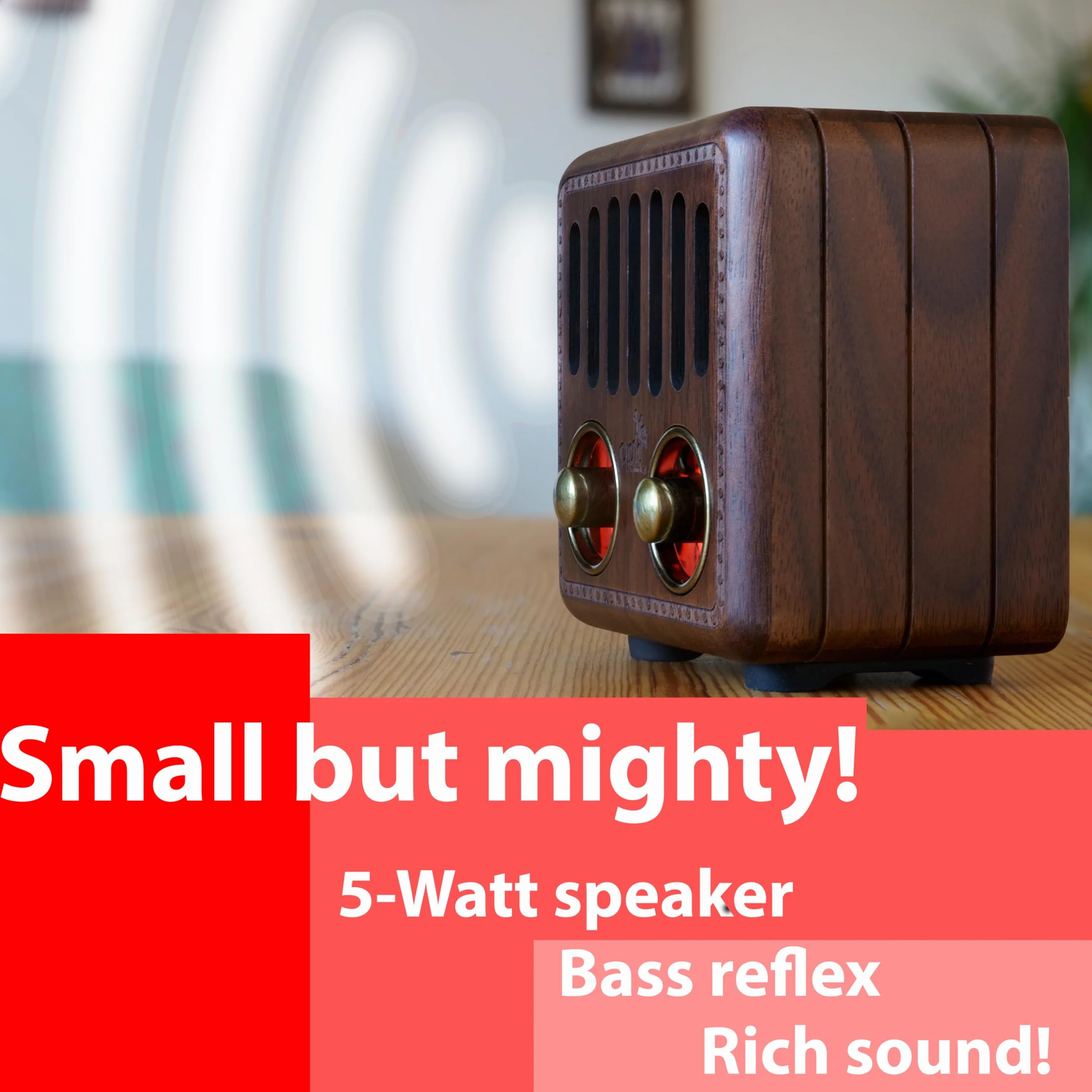 Opis Radio 2 – Mały drewniany głośnik retro bluetooth i radio UHF (orzech włoski)