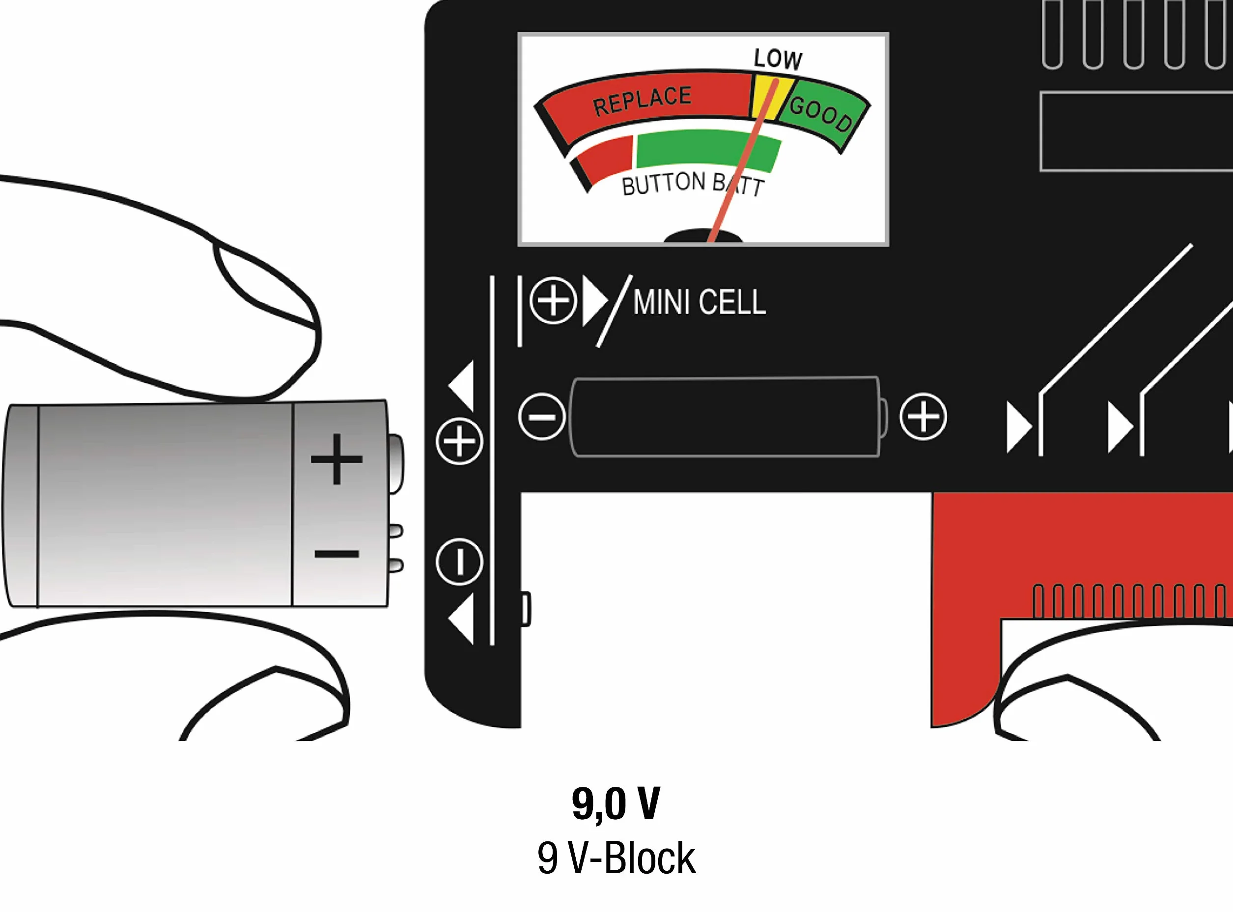 CON:P B29821 Tester Baterii z Analogowym Wyświetlaczem do Akumulatorów AAA, AA, C, D (1,5 V i 9 V)
