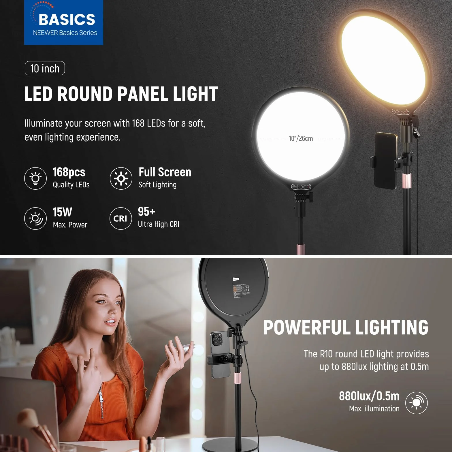 NEEWER Basics 10,5" lampka na biurko w stojak/uchwyt na telefon/timer, Full Screen 15 W przyciemniany panel LED do selfie oświetlenie do nagrywania iPhone streaming, laptopa, kamera internetowa, wideo