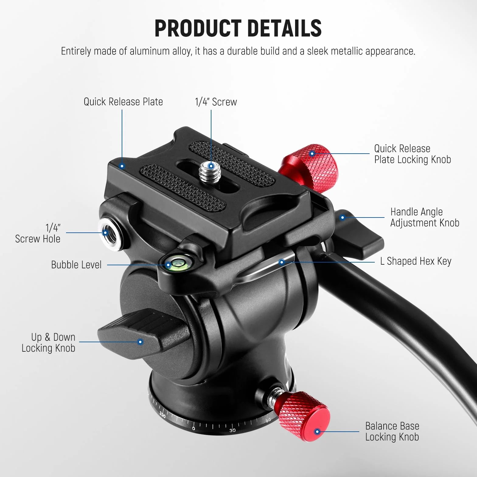 NEEWER Płynna głowica statywu Arca Quick Release, panoramiczna głowica uchylna ze stopu aluminium, ø43 mm, maksymalne obciążenie 3 kg