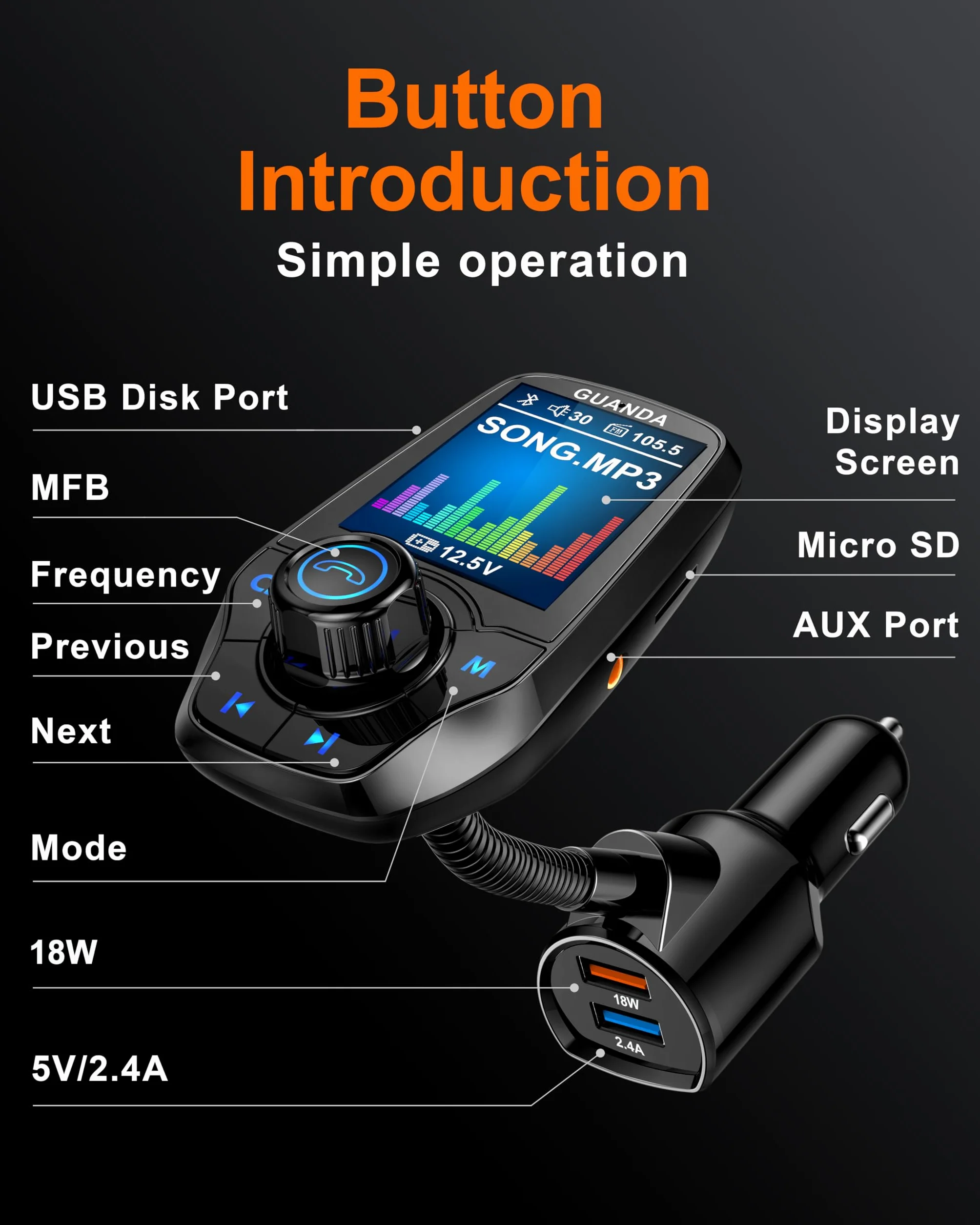 Bluetooth FM Transmitter for Car, 4-in-1 MP3 Player with 1.8" Display, AUX, 3 USB Ports, QC3.0, Handsfree Call, SD/TF Card