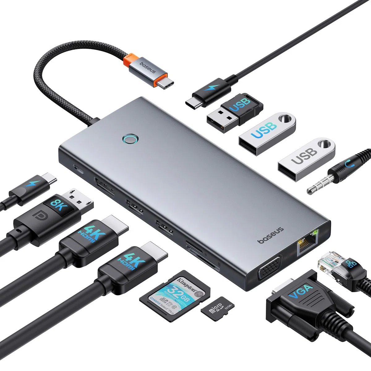 Baseus 13-in-1 USB C Hub Stacja Dokująca 2 HDMI 4K@60Hz DisplayPort VGA 10 Gbps PD 100W Ethernet