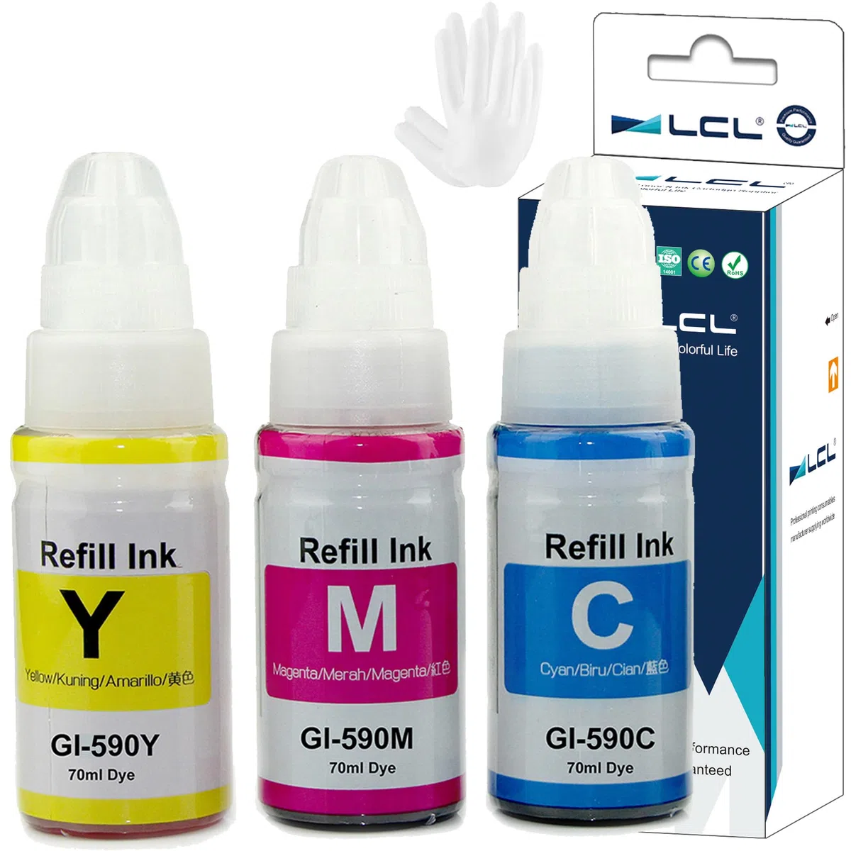 LCL Kompatybilna butelka z atramentem GI-490 GI-590 GI-590BK GI-590C GI-590M GI-590Y (3PK CMY Dye 70 ml) zamiennik dla Canon Pixma G1400 G1410 G2400 G2410 G3400 G4410 G4410 1 G15 00 G1510 G2500 G2510