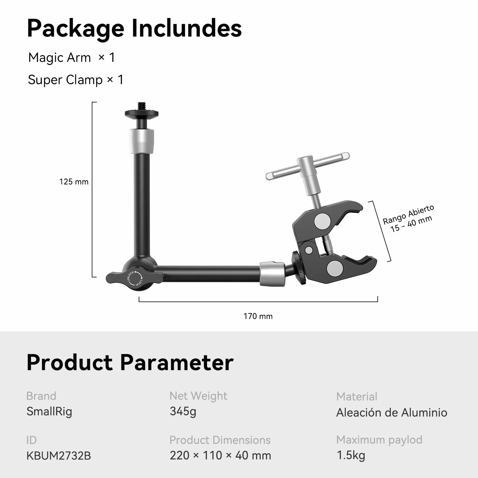 SMALLRIG Magic Arm, Clamp w/ 1/4" and 3/8" Thread 10-calowe magiczne ramię z Super Clamp Duży zacisk szczypiec do Monitor/LED Lights - KBUM2732B