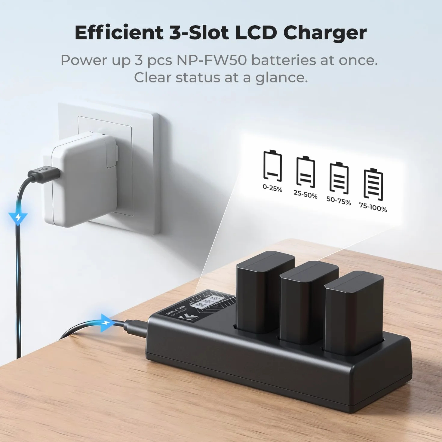 K&F CONCEPT Bateria NP-FW50 1100 mAh (zestaw 3 sztuk) i zestaw ładowarek LCD z trzema gniazdami do Sony ZV-E10, Alpha A6000, A6300, A6400, A6500, A5000, A5100, a7, a7II, a7R, a7RII, a7S, a7SII