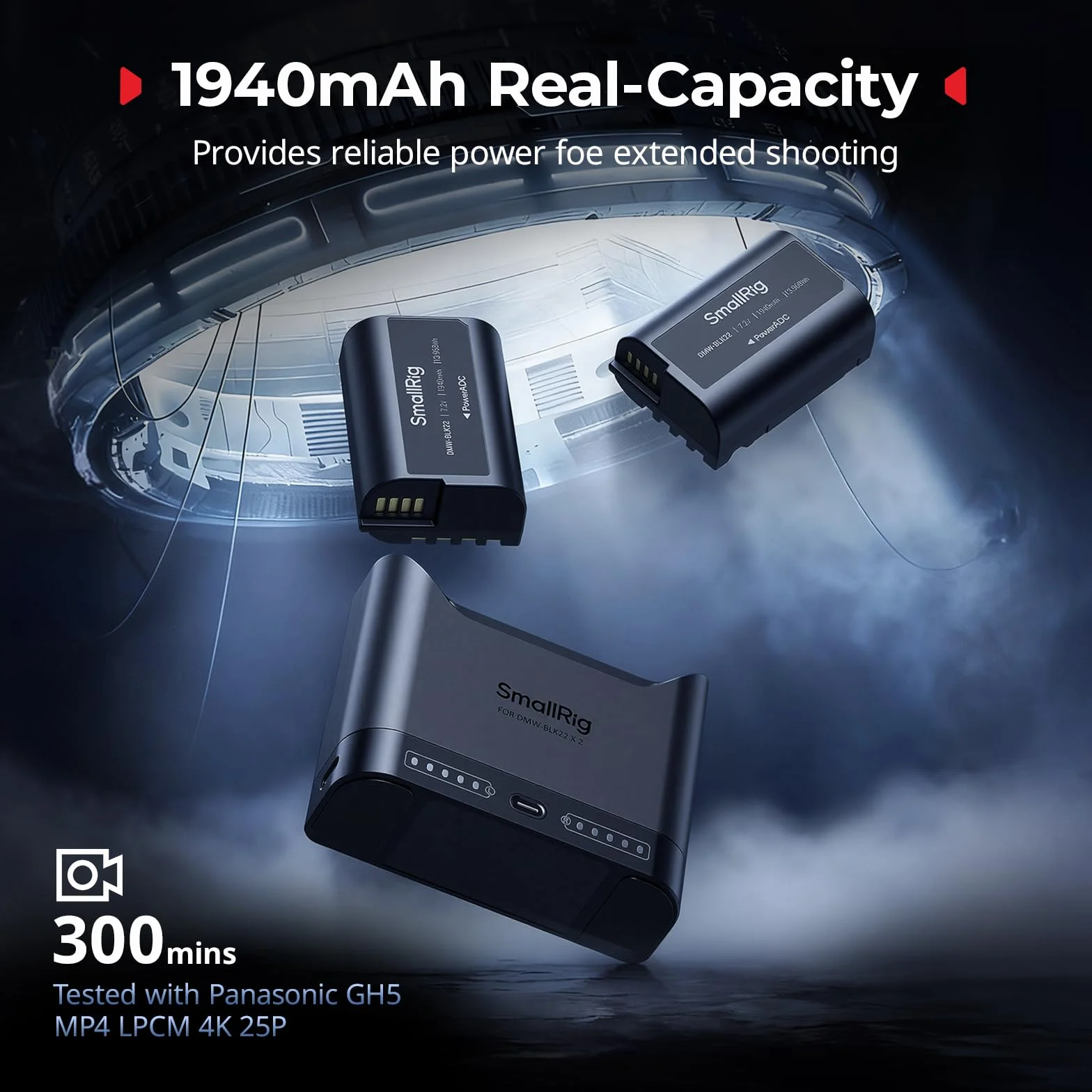 SMALLRIG Zestaw akumulatorów do Panasonic DMW-BLK22, ładowarka dwugniazdowa 22,5 W z akumulatorami o pojemności 1940 mAh, w pełni kompatybilny z do Panasonic Lumix GH5, GH5 II, GH6, GH7, S5, S5-5487