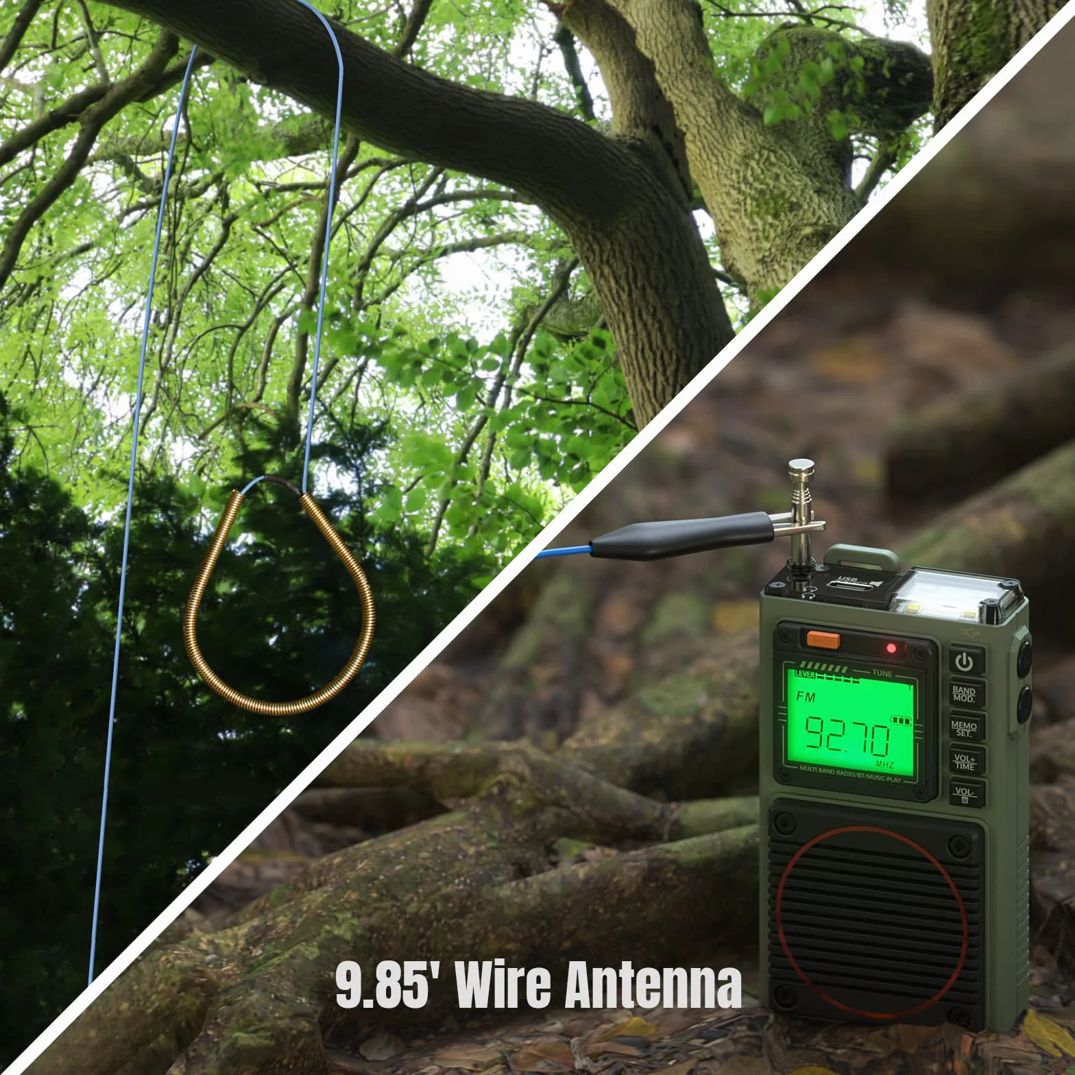 Raddy RF75A Radio krótkofalowe z kontrolą aplikacji, przenośne AM/FM/VHF/SW/WB z funkcją pogody, ładowalne, z anteną drucianą (Army Green)