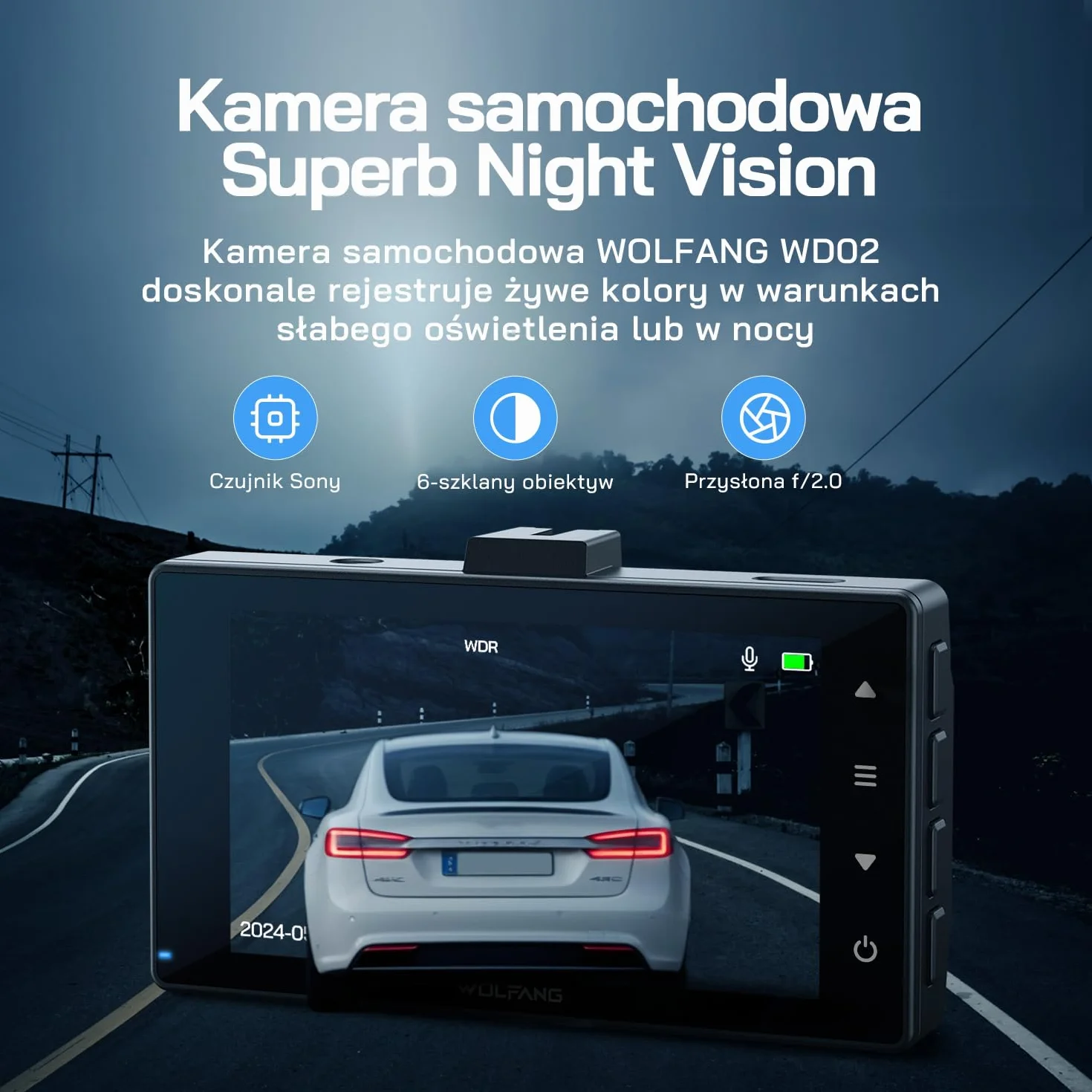 Kamera samochodowa WOLFANG przednia i tylna 2,5K, kamera samochodowa z wyświetlaczem LCD 3,0", super noktowizor, nagrywanie w pętli, czujnik G, szerokokątny HDR 170, osłona parkowania