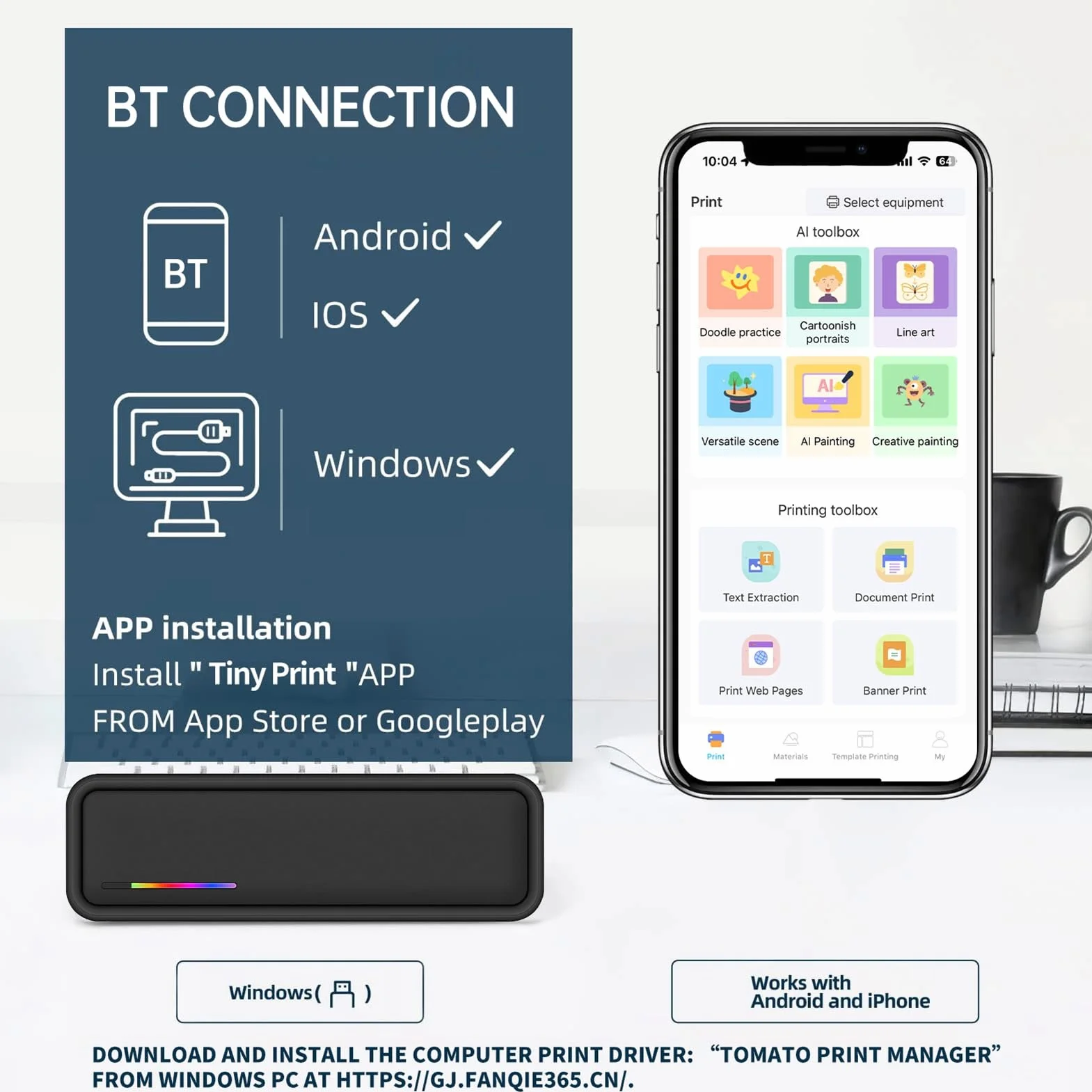 Przenośna drukarka termiczna A4 Bezprzewodowa BT kompatybilna iOS Android 210 mm