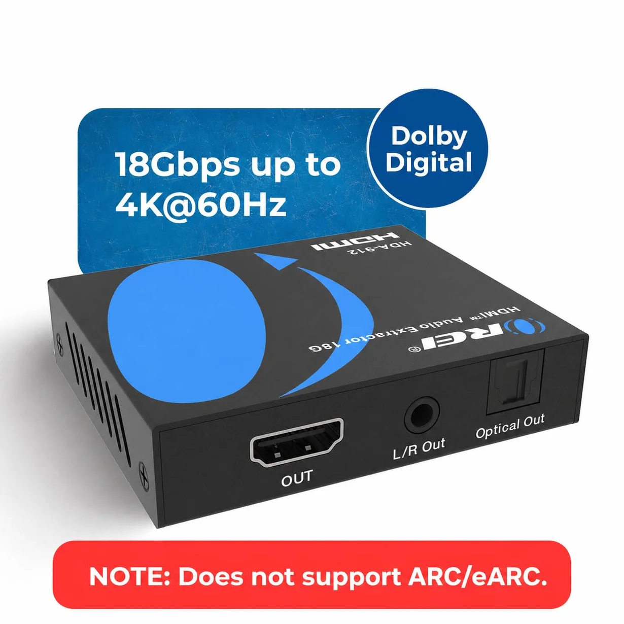 Orei Ekstraktor audio 4K HDMI, UltraHD 4K przy 60Hz 18G HDMI 2.0 konwerter audio SPDIF + wyjście 3,5 mm HDCP 2.2 - Dolby Digital/DTS Passthrough CEC, HDR, Dolby Vision, HDR10 obsługa (HDA-912)