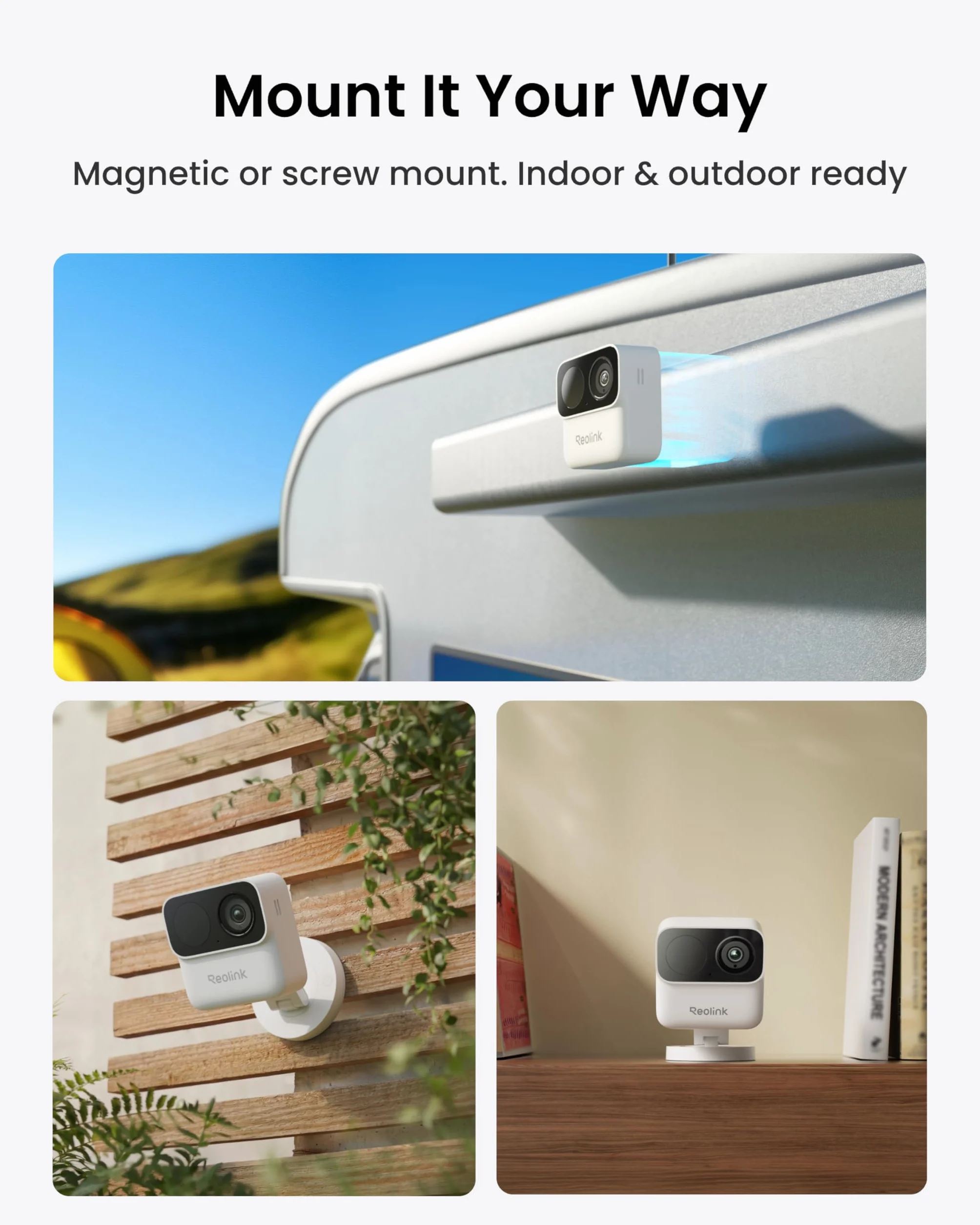 Reolink Argus MagiCam, zewnętrzna kamera bateryjna 2 MP/1080p, wodoodporna zgodnie z normą IP67, dwa sposoby zasilania, montaż za pomocą uchwytu magnetycznego