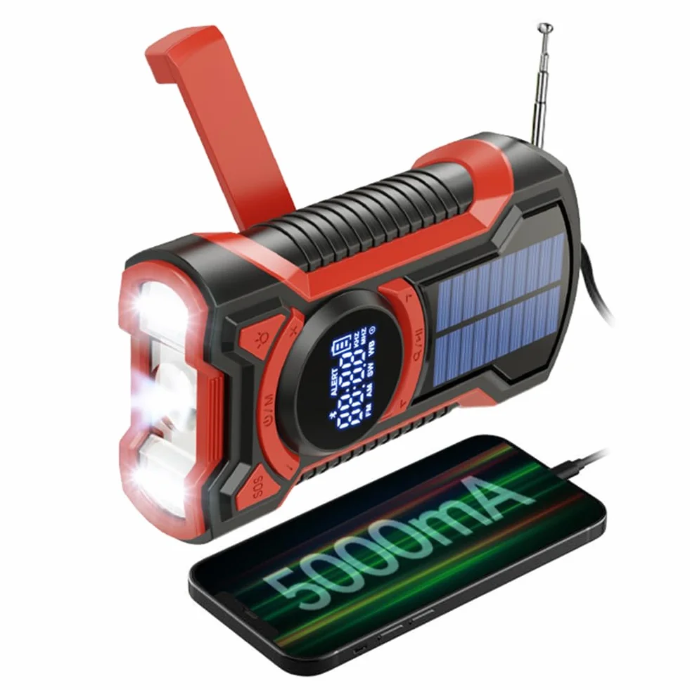 Wind Up Solar Radio awaryjne, korba ręczna AM/FM/NOAA Radio pogodowe przenośne z 5000 mAh Power Bank BT 5.3 ładowarka do telefonu latarka LED SOS Alarm do namiotów turystycznych