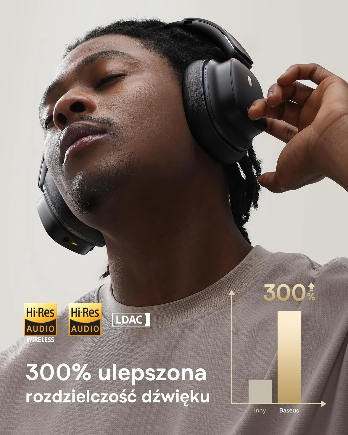 Baseus Bezprzewodowe słuchawki z redukcją szumów Bluetooth LDAC Hi-Res 65h