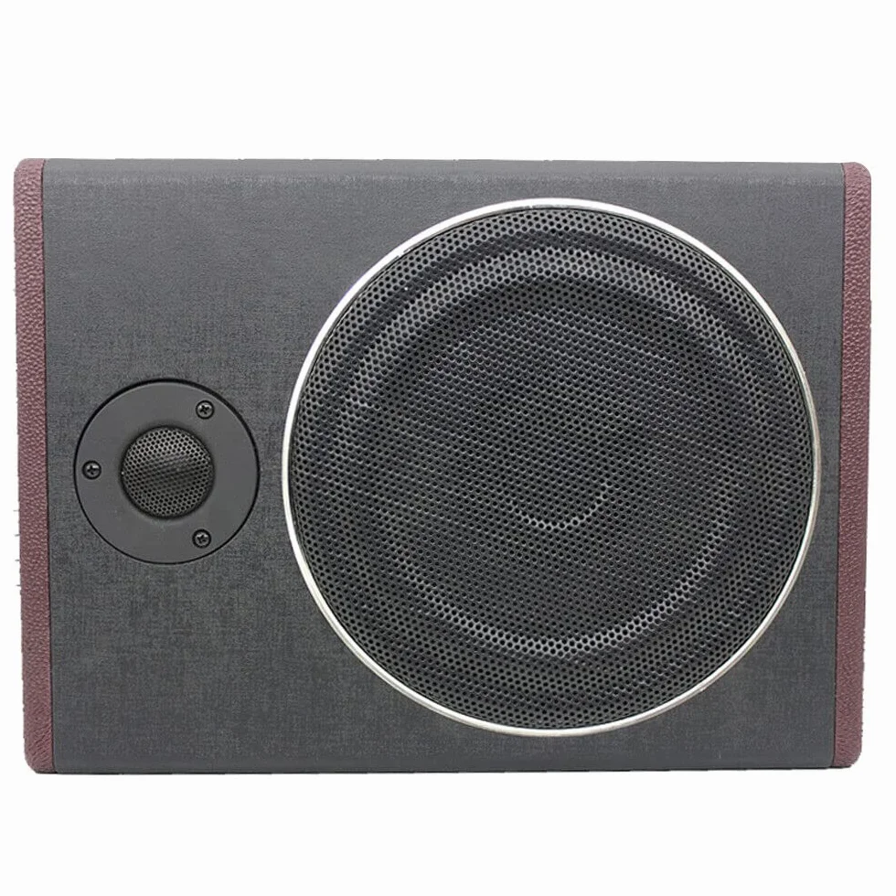 Subwoofer płaski samochodowy aktywny głośnik basowy, ultra kompaktowy pod siedzeniem, drewniany korpus pokryty skórą PU, czarny