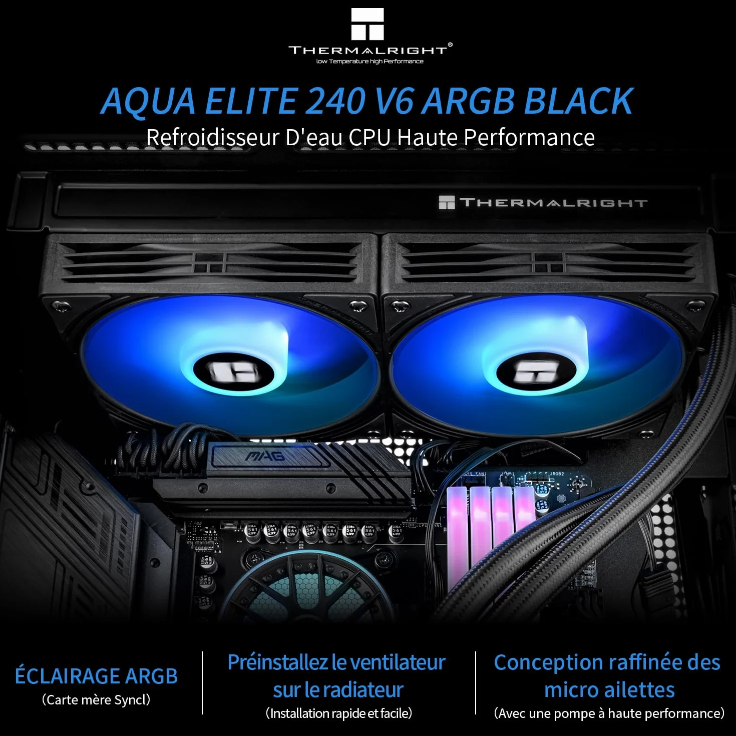 Thermalright AQUA ELITE 240 V6 ARGB Black CPU chłodnica cieczą, rozmiar chłodnicy 240, radiator wodny 2x120mm, AMD: AM4/AM5, Intel LGA115X/1200/2011/1700/1851, chłodnica CPU AIO