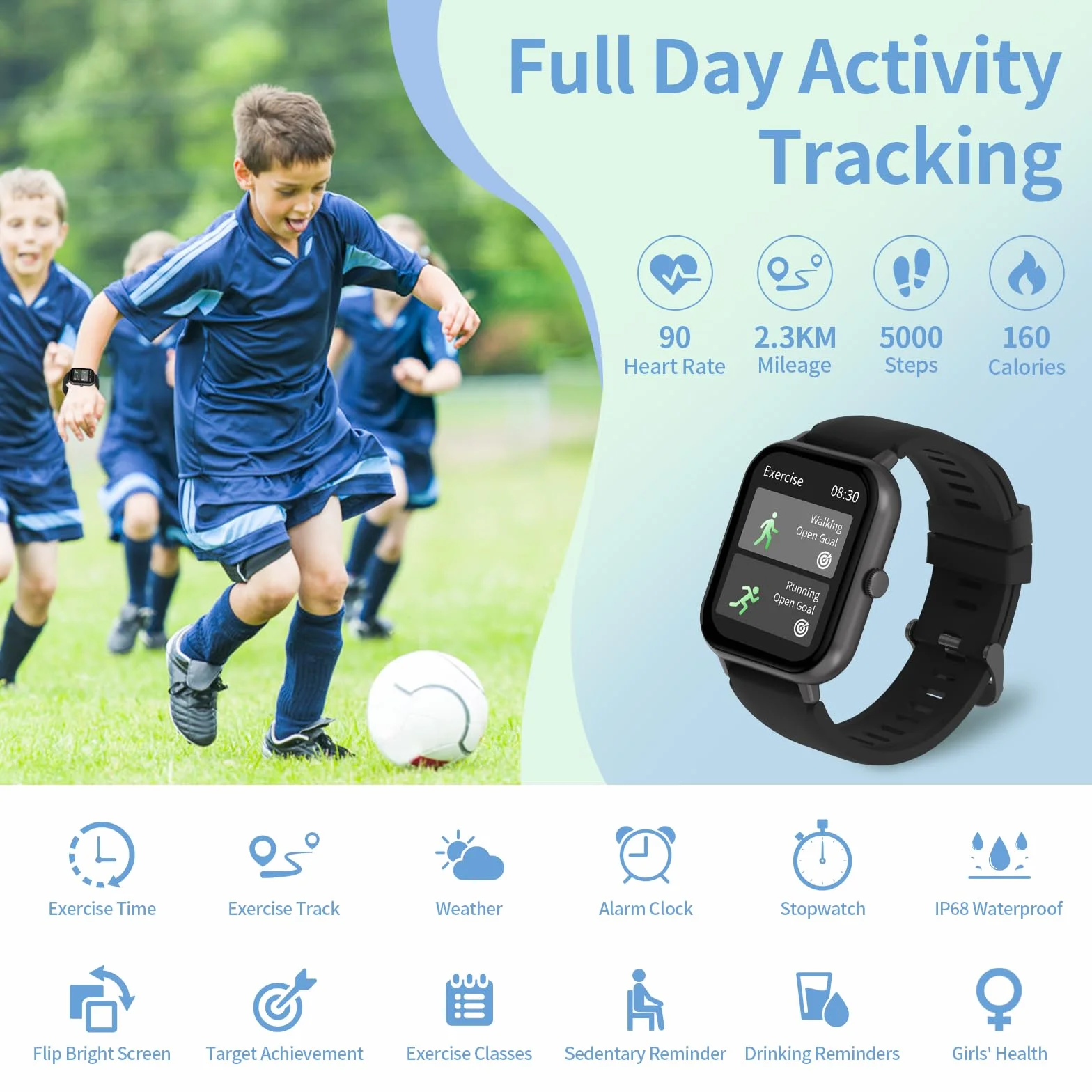 Inteligentny zegarek dla dzieci z Bluetooth, pulsometr, krokomierz, fitness tracker