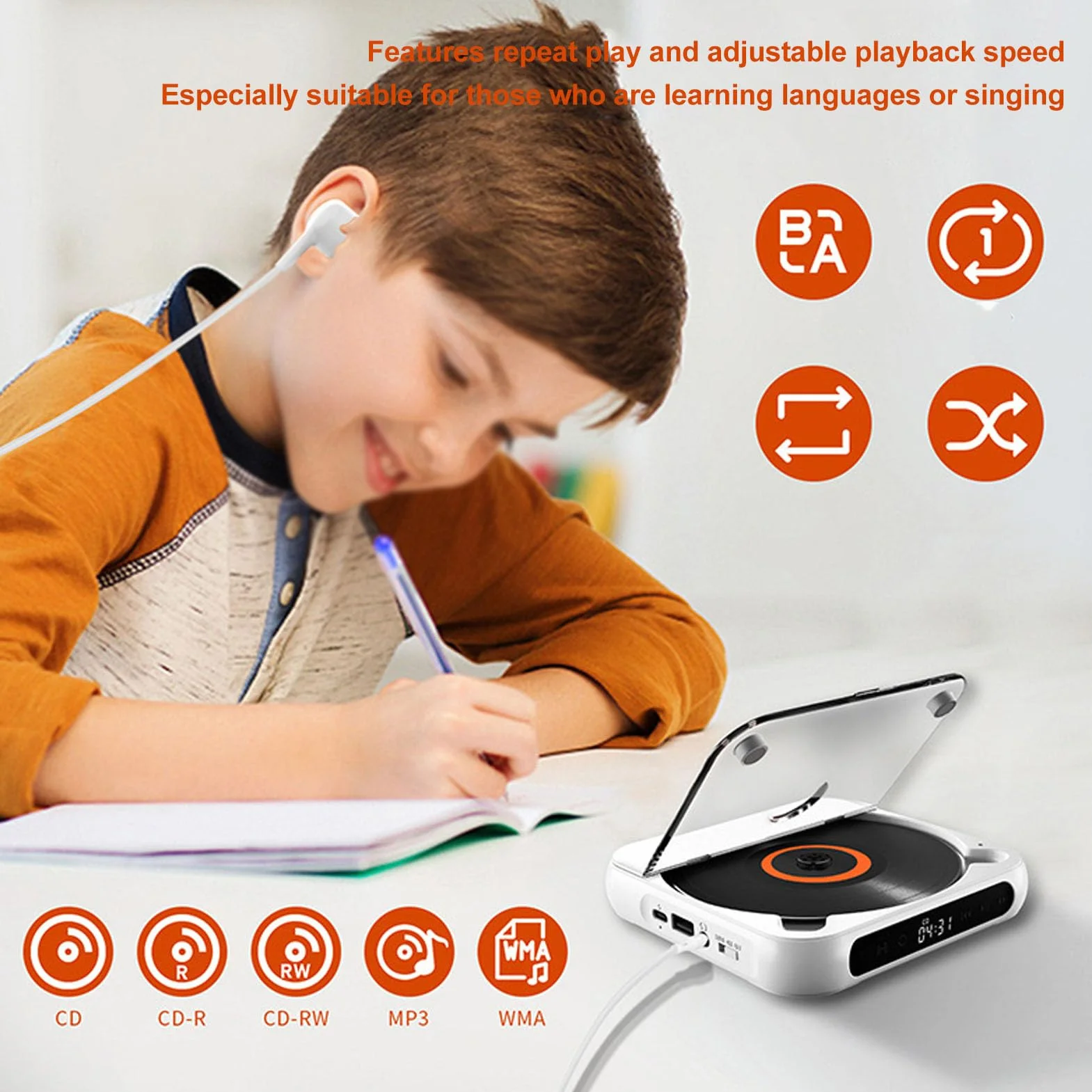 Przenośny Odtwarzacz CD z BT, Anti Skip, 1200 mAh, LCD, USB, AUX, Słuchawki