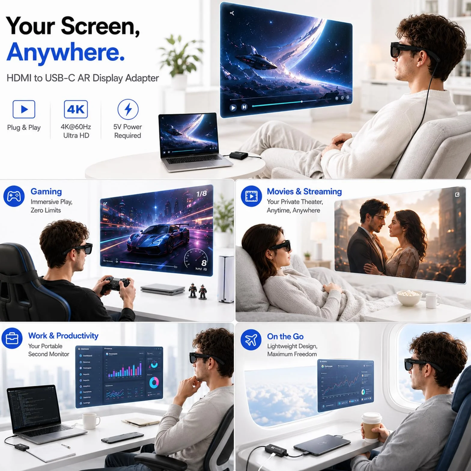 Guermok adapter HDMI–USB-C do okularów AR, 4K@60Hz, ładowanie DC 5V – do XREAL One/Air 2 Pro, RayNeo, Rokid, Steam, Switch2/1, PS 5/4, monitorów przenośnych (czarny)