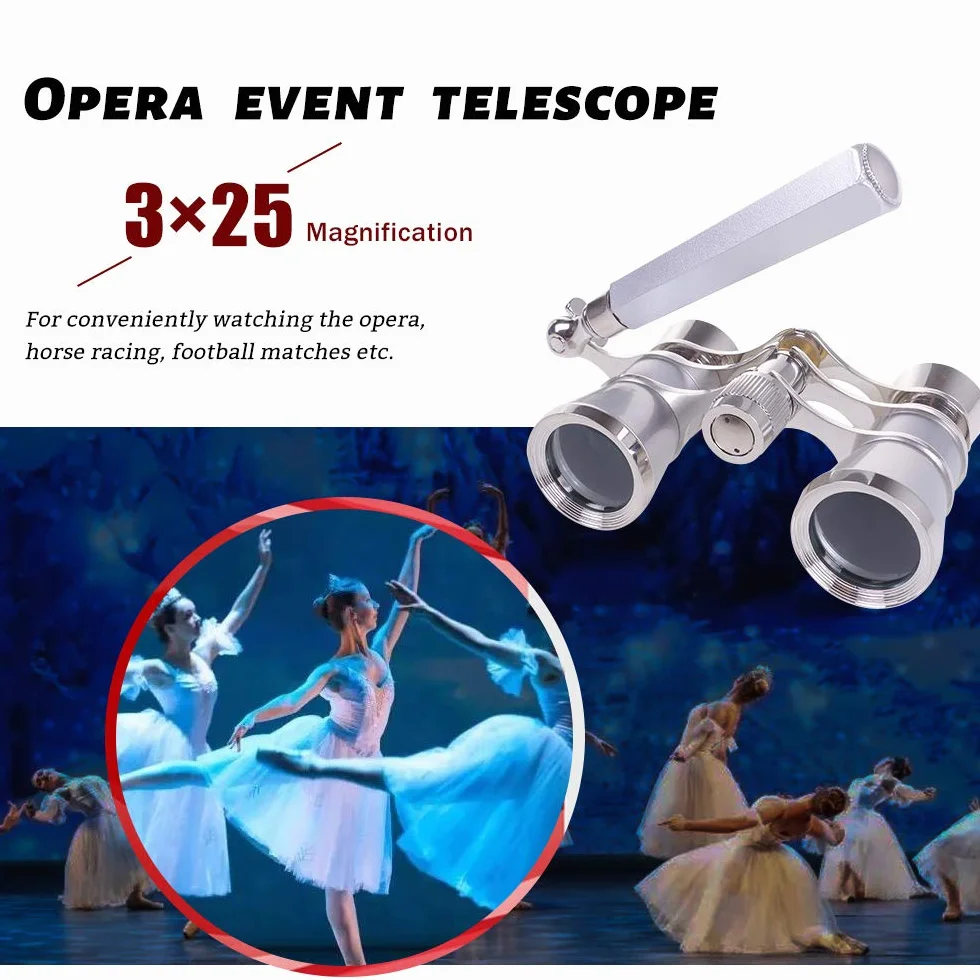 3 x 25 Opera Theater Horse Racing Glasses Binocular Telescope with Handle/Accessory Kit Women Telescope (Silver)