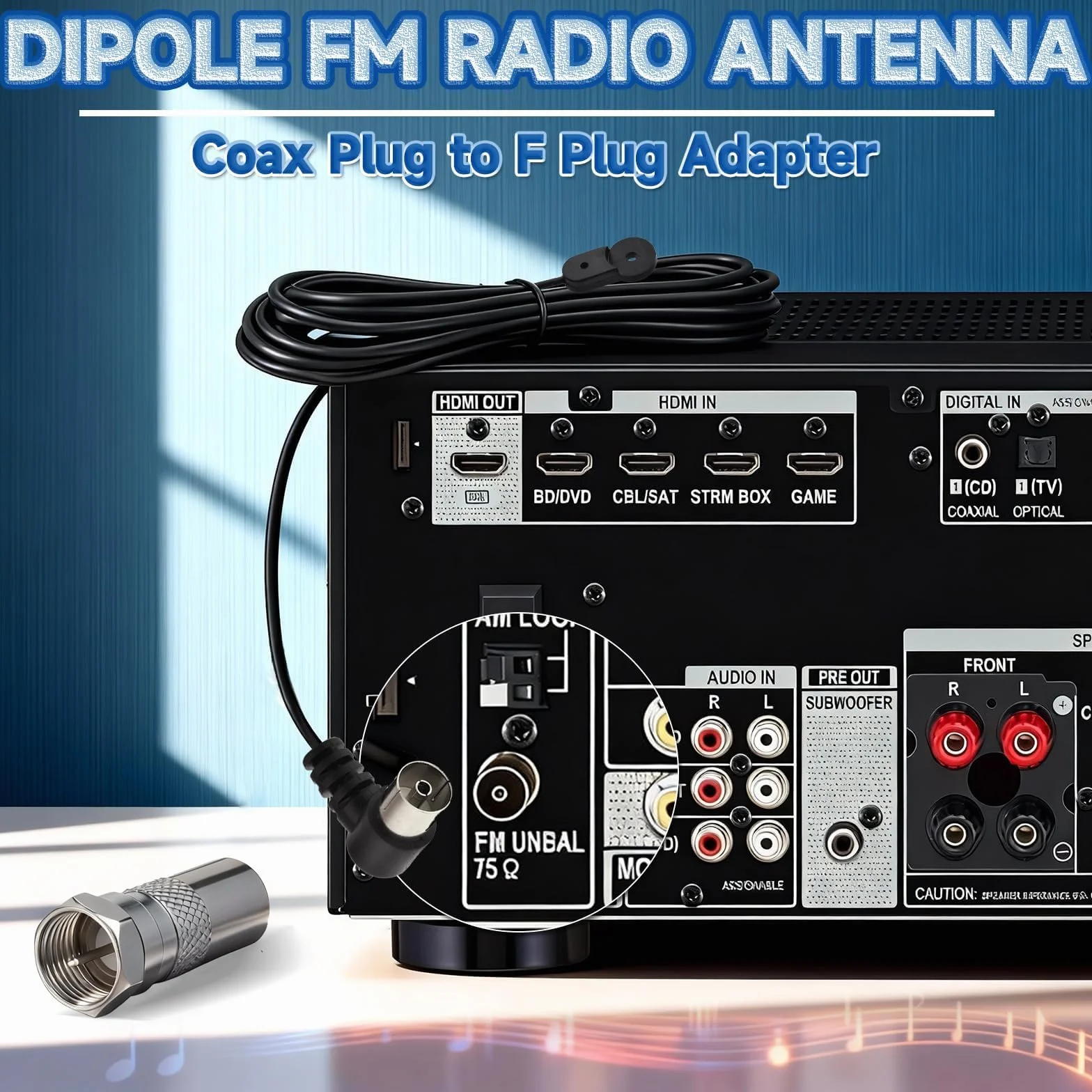 Bingfu Kabel Antena Radio FM Kanał HiFi Wewnątrz 75 ohm Koncentryczny Przewód Antena z Żeńskim TV i Męskim Adapter F Kompatybilny z Samsung Sony Yamaha Denon Panasonic Onkyo