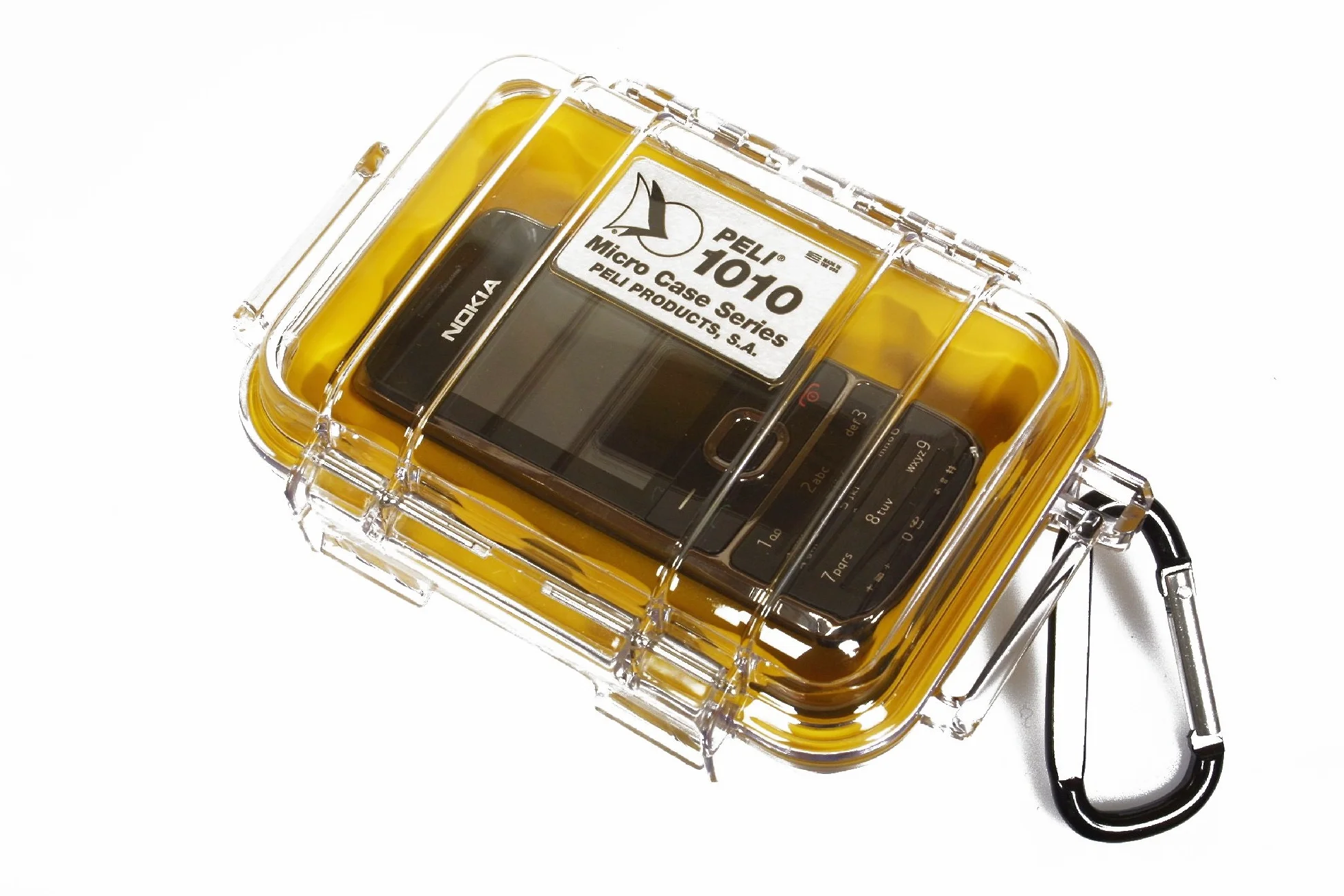 PELI 1010 Małe pudełko ochronne na delikatne komponenty, stopień ochrony IP67, pojemność 0,1 l, wyprodukowane w USA, przezroczyste/żółta wkładka