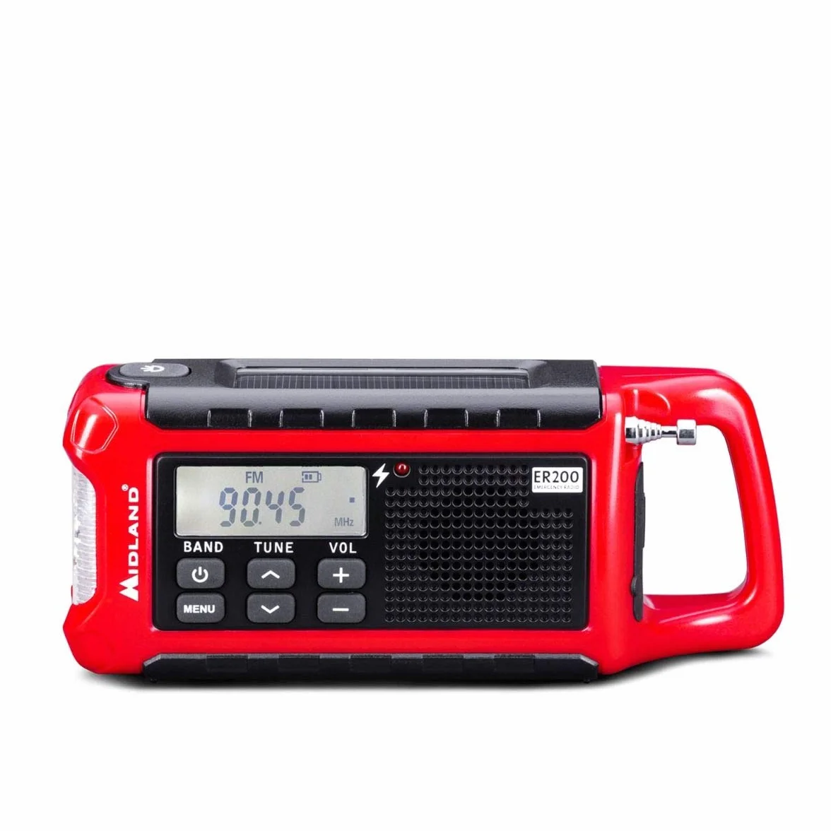 Midland ER200 Wielofunkcyjne Przenośne Radio Nakręcane, Awaryjny Powerbank 2200 mAh, Latarka LED, Solarna, Korba Ręczna, AM/FM USB, Akumulatory i Kabel USB