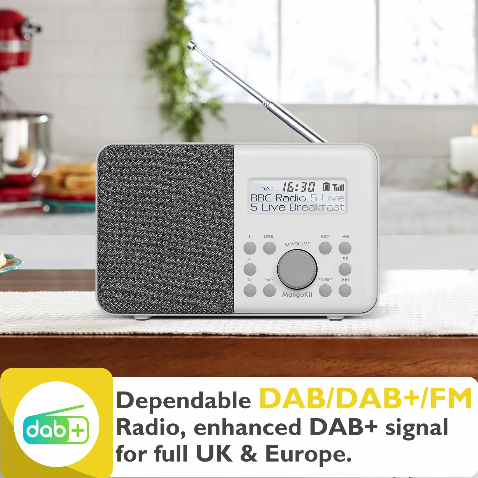 Przenośne radio cyfrowe DAB+ FM z alarmem i zegarem, 40 ustawień wstępnych, wyświetlacz LCD, szary
