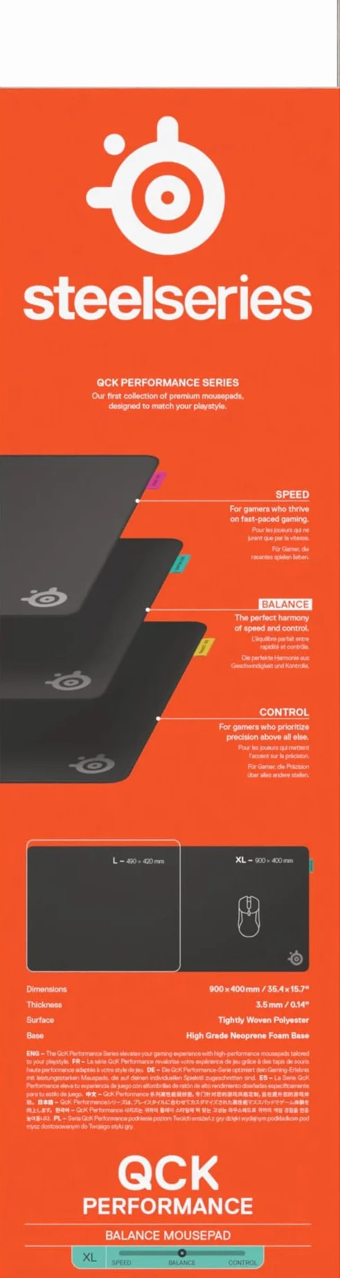 SteelSeries, podkładka QcK XL Performance Balance - Dod. gęstość dająca poślizg - Niskoprofilowe przeszycia krawędzi - Antypoślizgowa podstawa z neoprenu - Rozm. 900 x 400 mm - FPS, MOBA, RTS, MMO