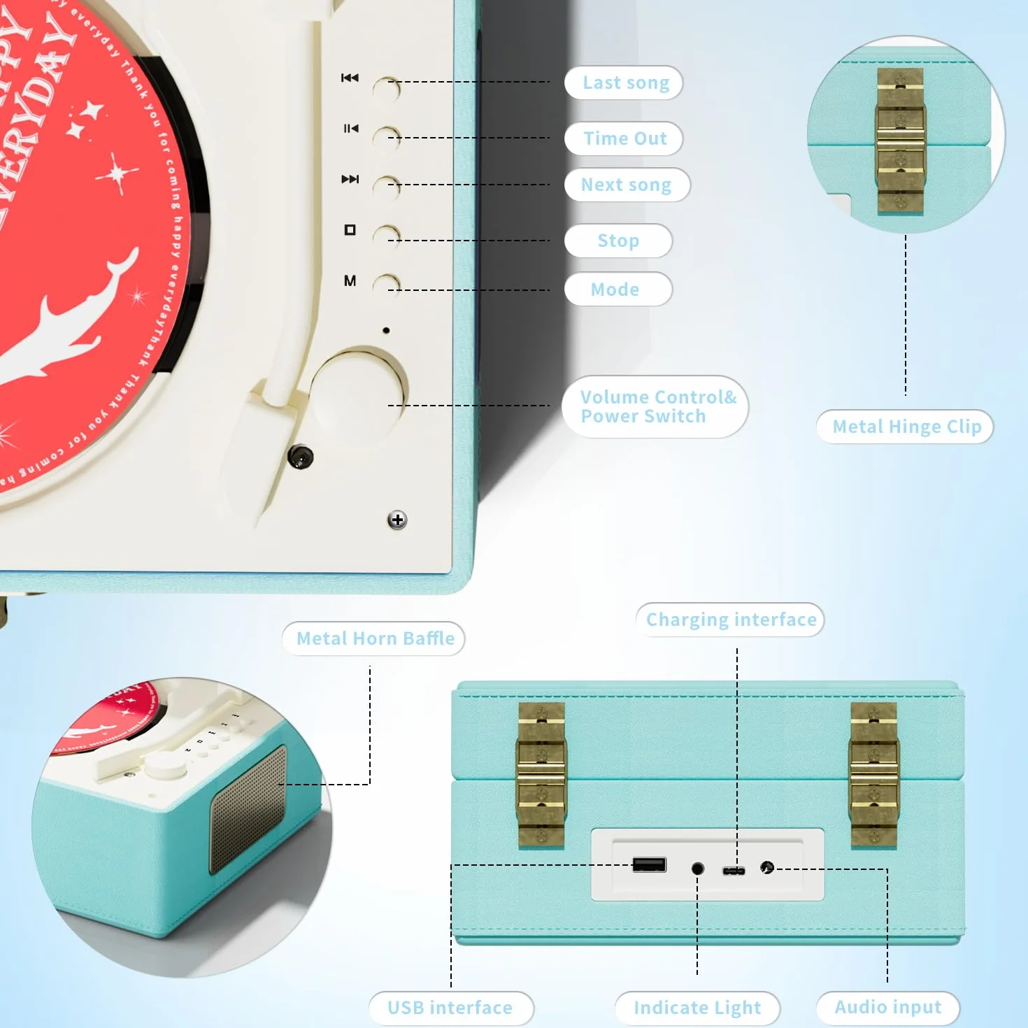 Yintiny Blue Time Music Box odtwarzacz CD z głośnikami do dekoracji domu