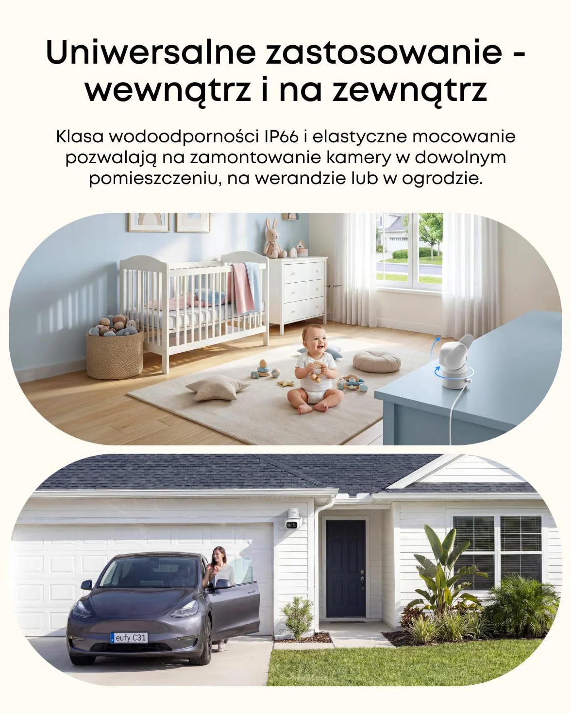 eufy C31 Kamera Przewodowa, 360° Obracanie i Pochylanie, Wewnątrz/Zewnątrz, Kolorowy Tryb Nocny, Pamięć Lokalna
