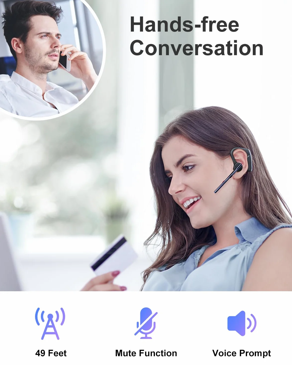 Zestaw słuchawkowy Bluetooth z redukcją szumów, podwójny mikrofon, zestaw głośnomówiący Bluetooth, bezprzewodowy zestaw słuchawkowy 24 godziny, czas rozmowy, do iPhone'a, telefonu komórkowego,