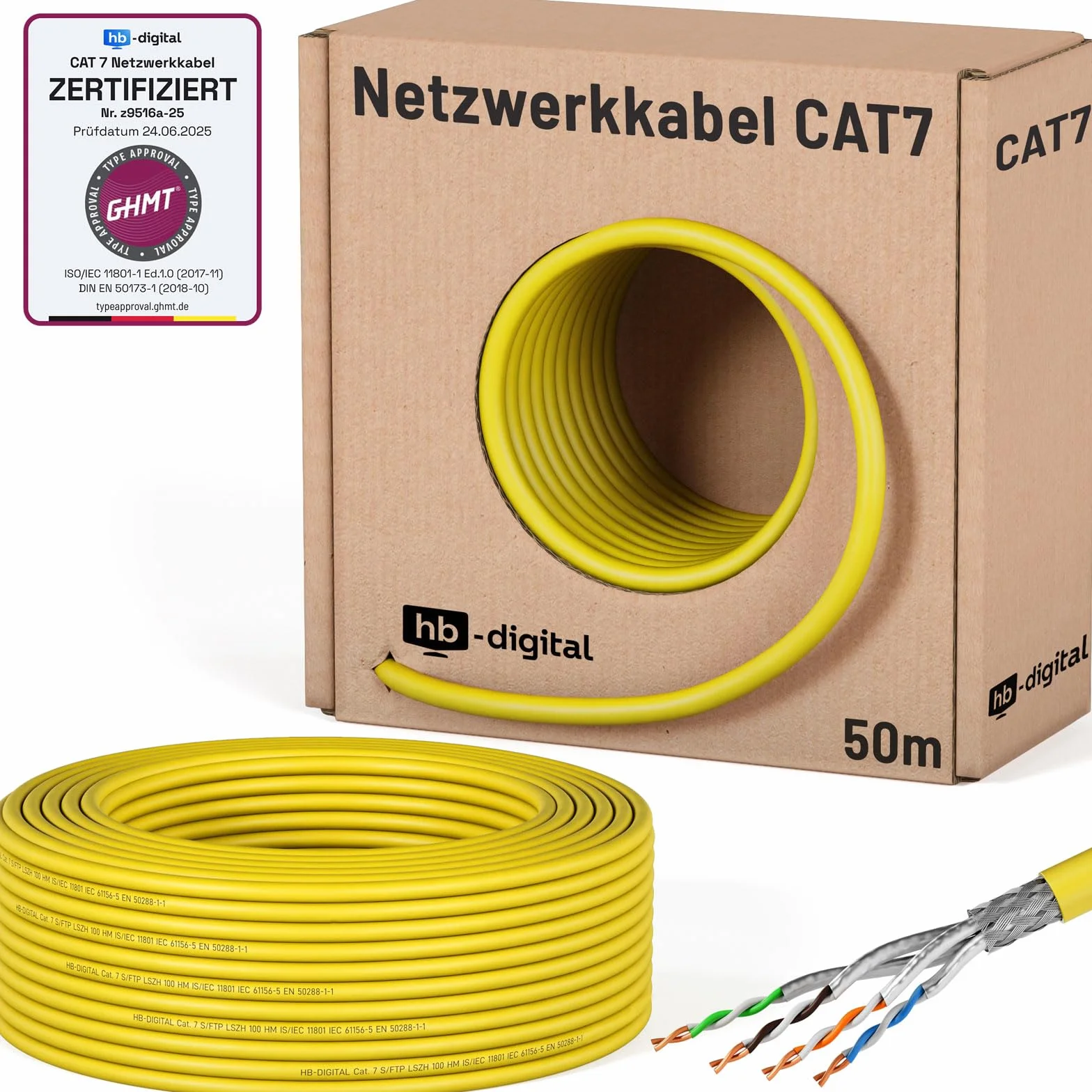 HB-DIGITAL Kabel sieciowy LAN CAT.7 AWG 23 do układania, profesjonalny kabel instalacyjny S/FTP, czysta miedź, PIMF, LSZH bez halogenu, zgodność z RoHS, PoE, 10 Gbit/s, GHMT, żółty, 50 m