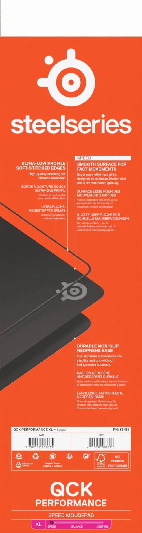 SteelSeries, podkładka QcK XL Performance Speed - Dodatkowa gęstość dająca poślizg - Niskoprofilowe przeszycia krawędzi - Antypoślizgowa podstawa z neoprenu - Rozm. 900 x 400 mm - FPS, MOBA, RTS, MMO