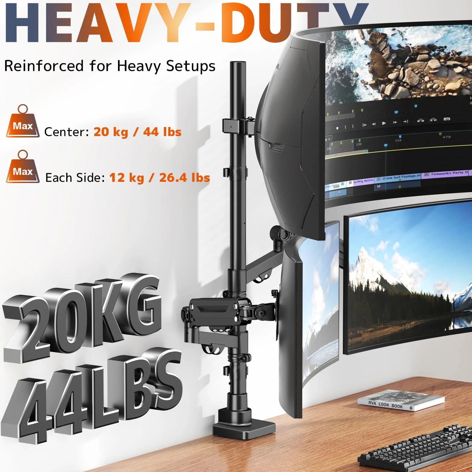 Uchwyt do monitora, 3 monitory, biurko – 1 stały 49" i 2 sprężyny gazowe 35", uchwyt na ekran, 3 monitory, regulacja wysokości, drążek 80 cm, uchwyt stołowy do 20 kg